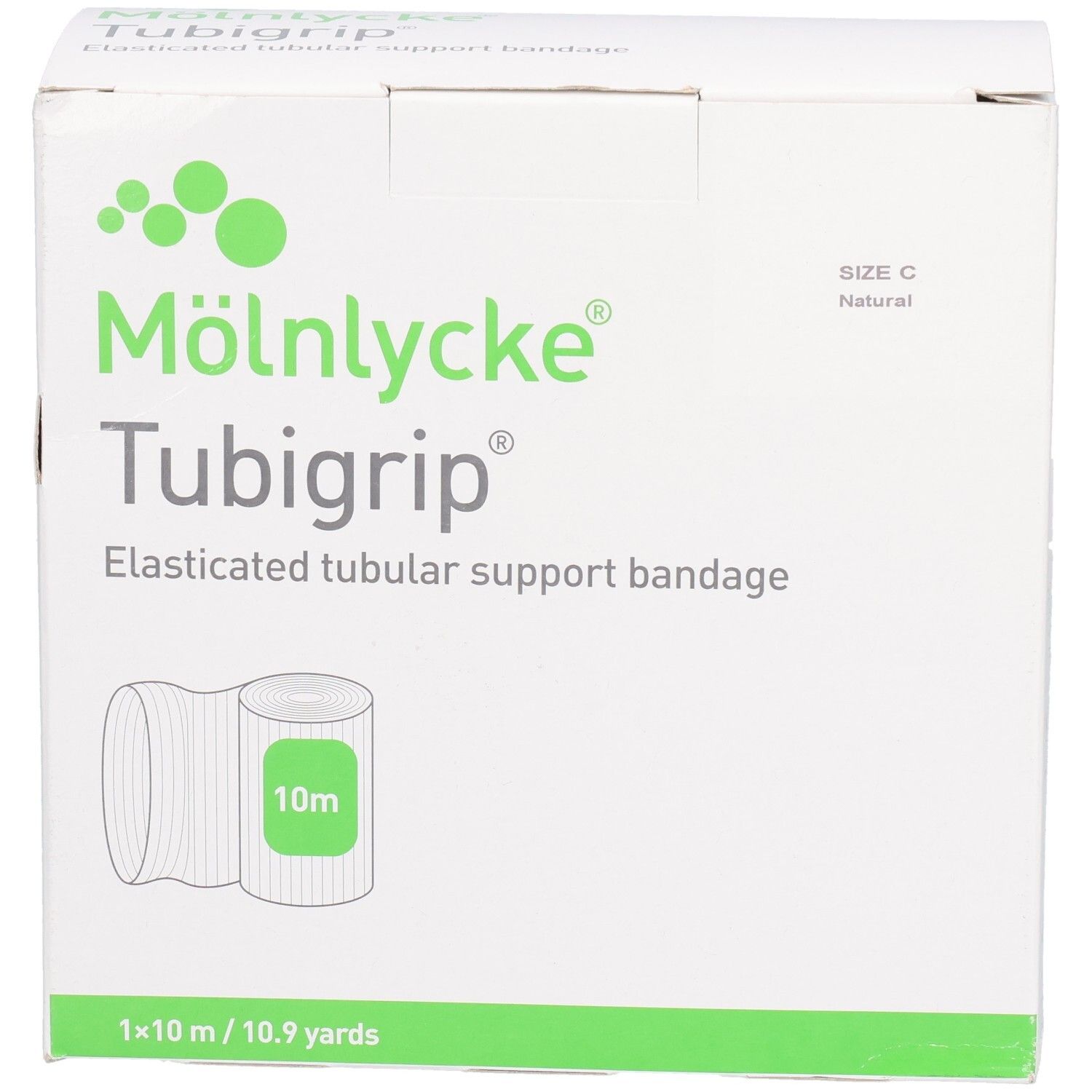 Mölnlycke Tubigrip Schlauchbandage, Größe C, 10m Rolle, natur. Vorderseite mit Produktabbildung.