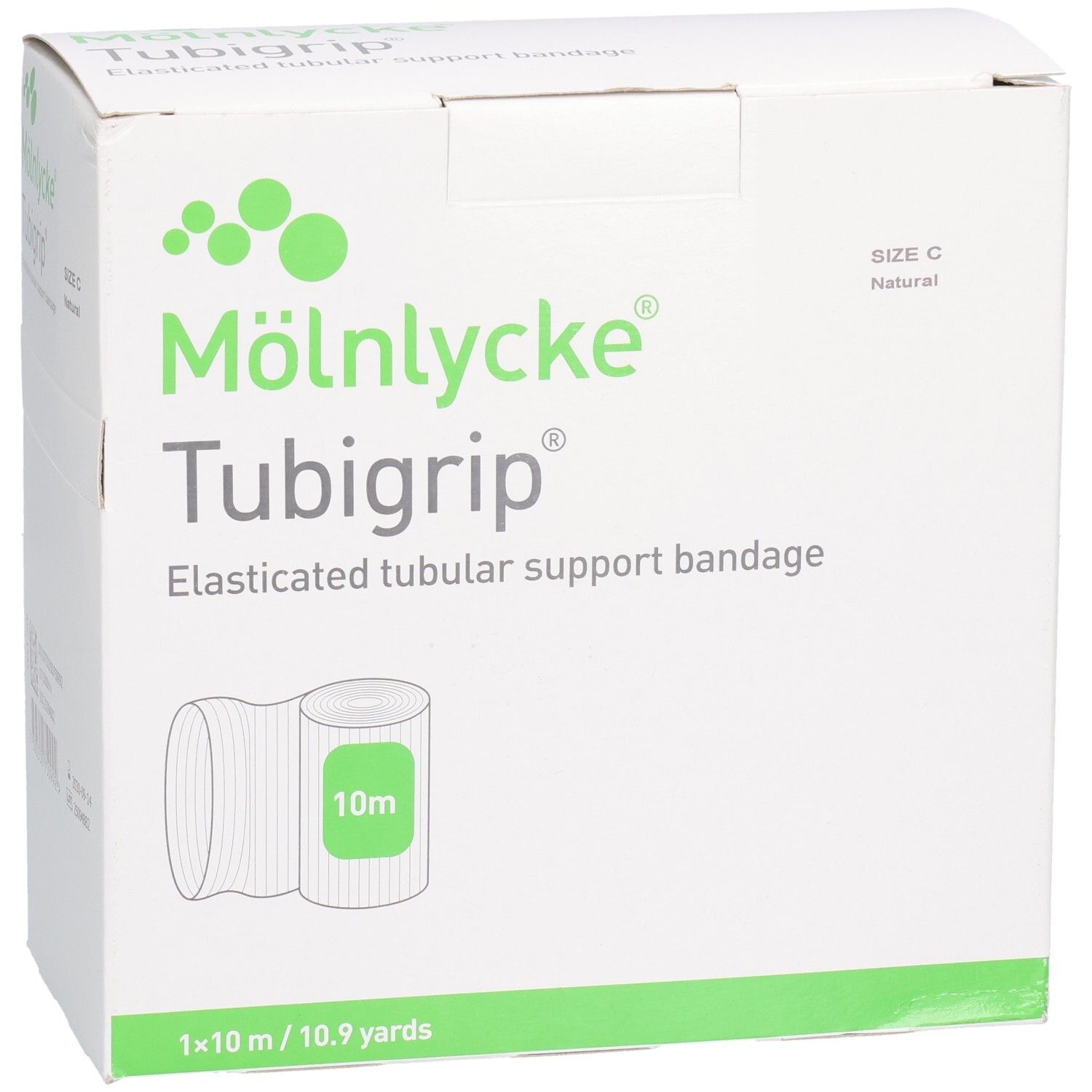 Mölnlycke Tubigrip Schlauchbandage, Größe C, 10m Rolle, natur. Vorderseite mit Produktabbildung.