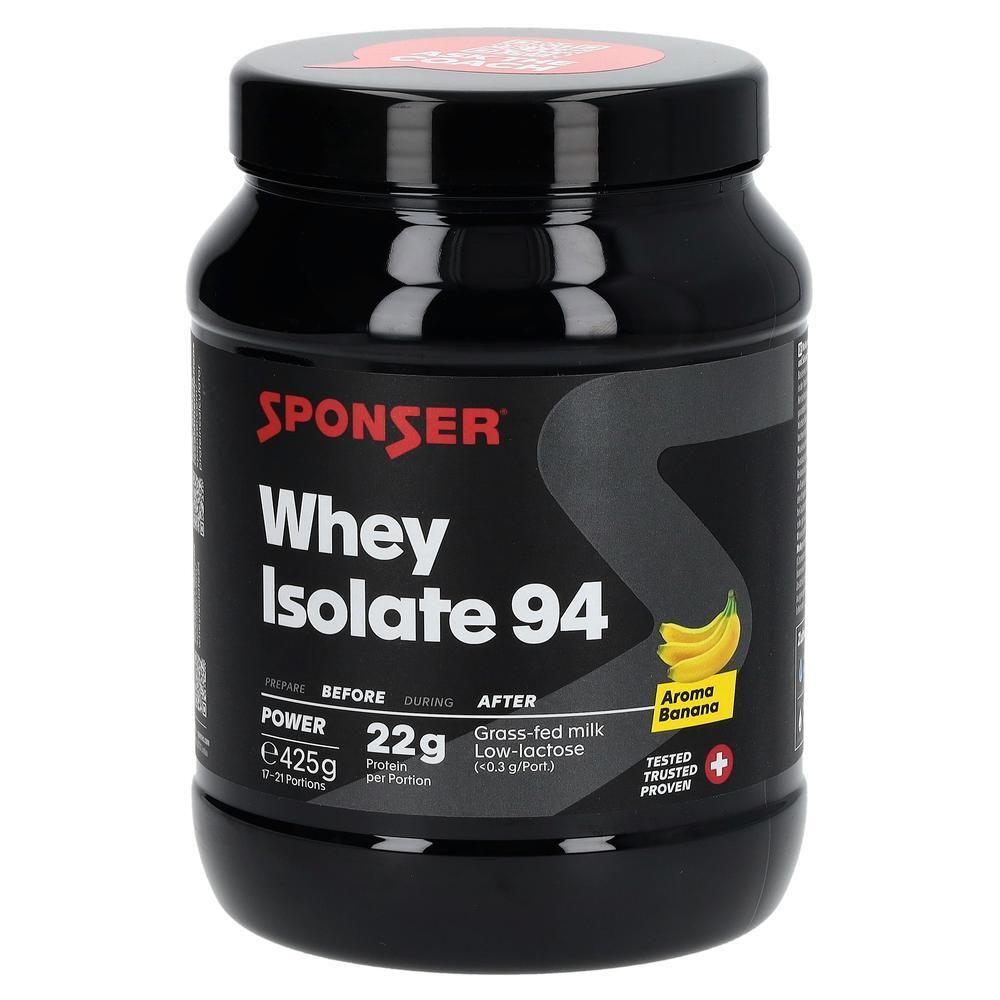 Schwarze Dose mit SPONSER Whey Isolate 94. Bananen-Aroma. Enthält 22g Protein pro Portion. Swiss Quality.