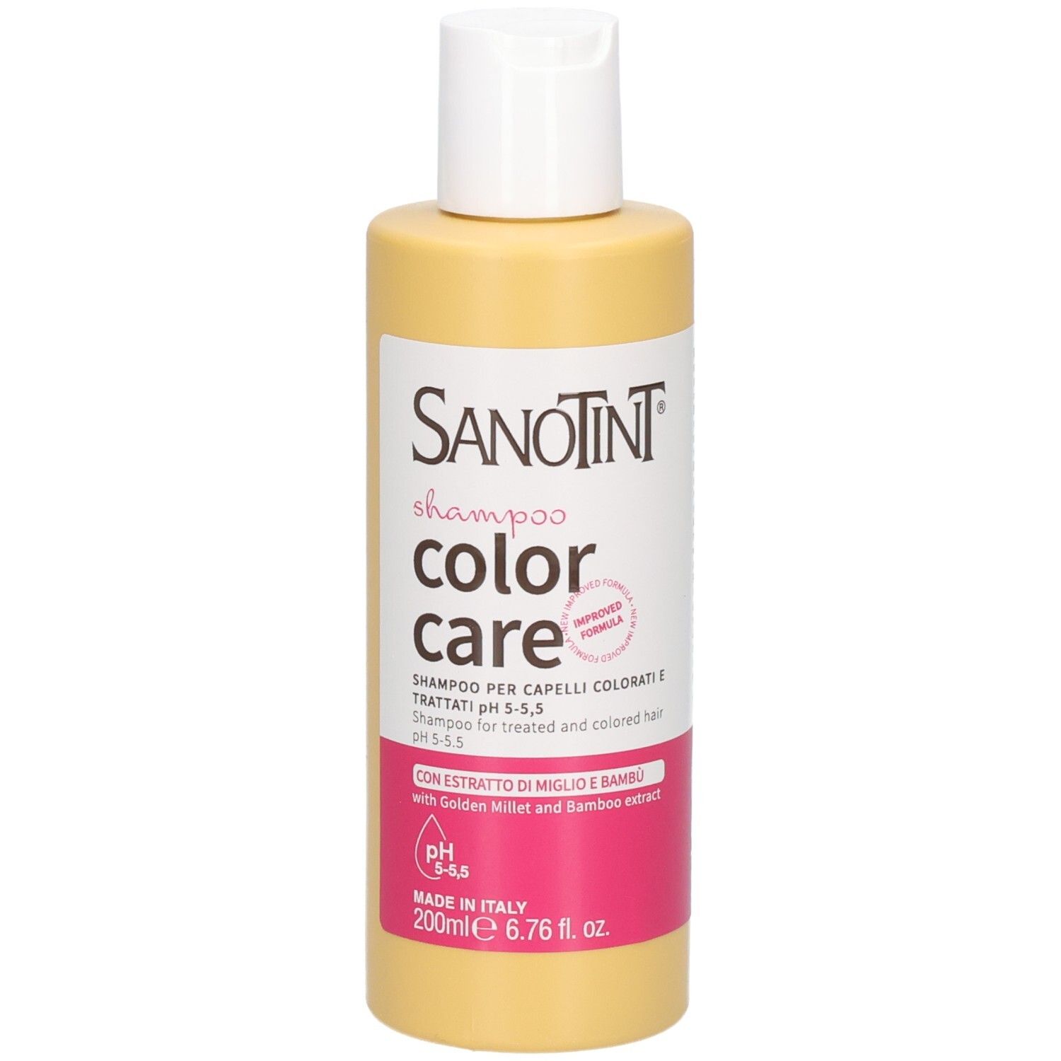 Sanotint Color Care Shampoo Flasche, 200ml, gelb, mit weißem Verschluss. Enthält Golden Millet und Bambus Extrakt.