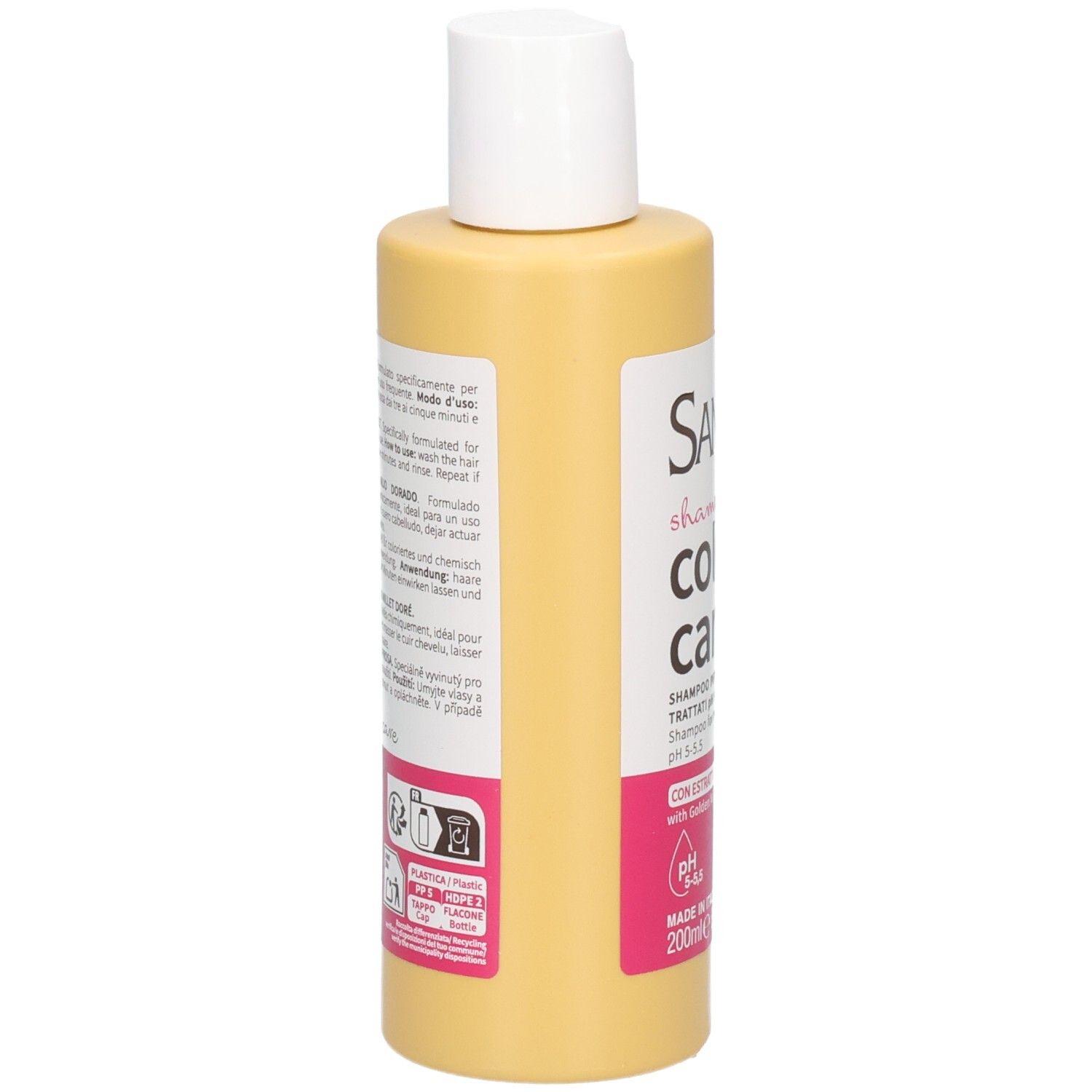 Gelbe Shampooflasche mit weißem Verschluss. Enthält 200ml.