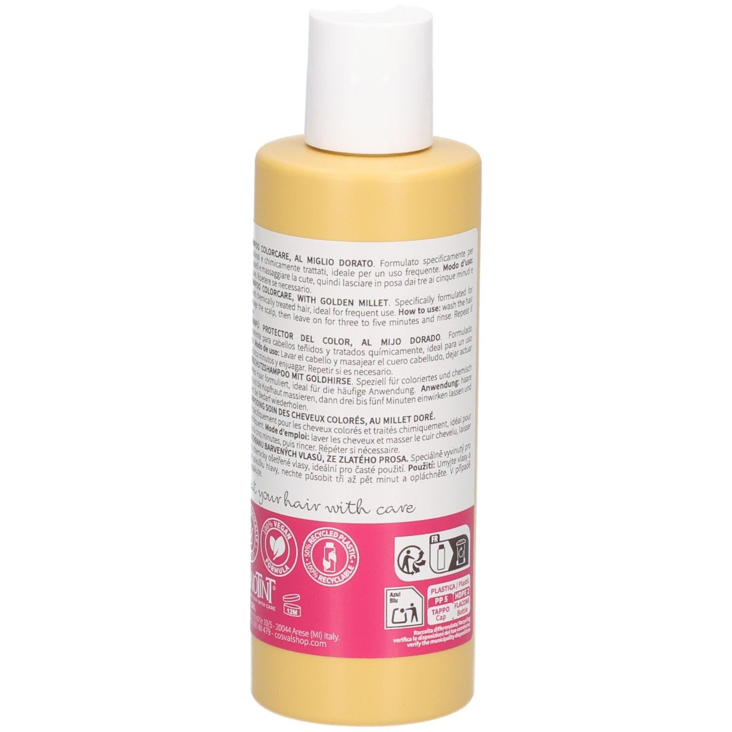 Gelbe Flasche mit weißem Verschluss, Rückseite mit Produktinformationen und Symbolen.