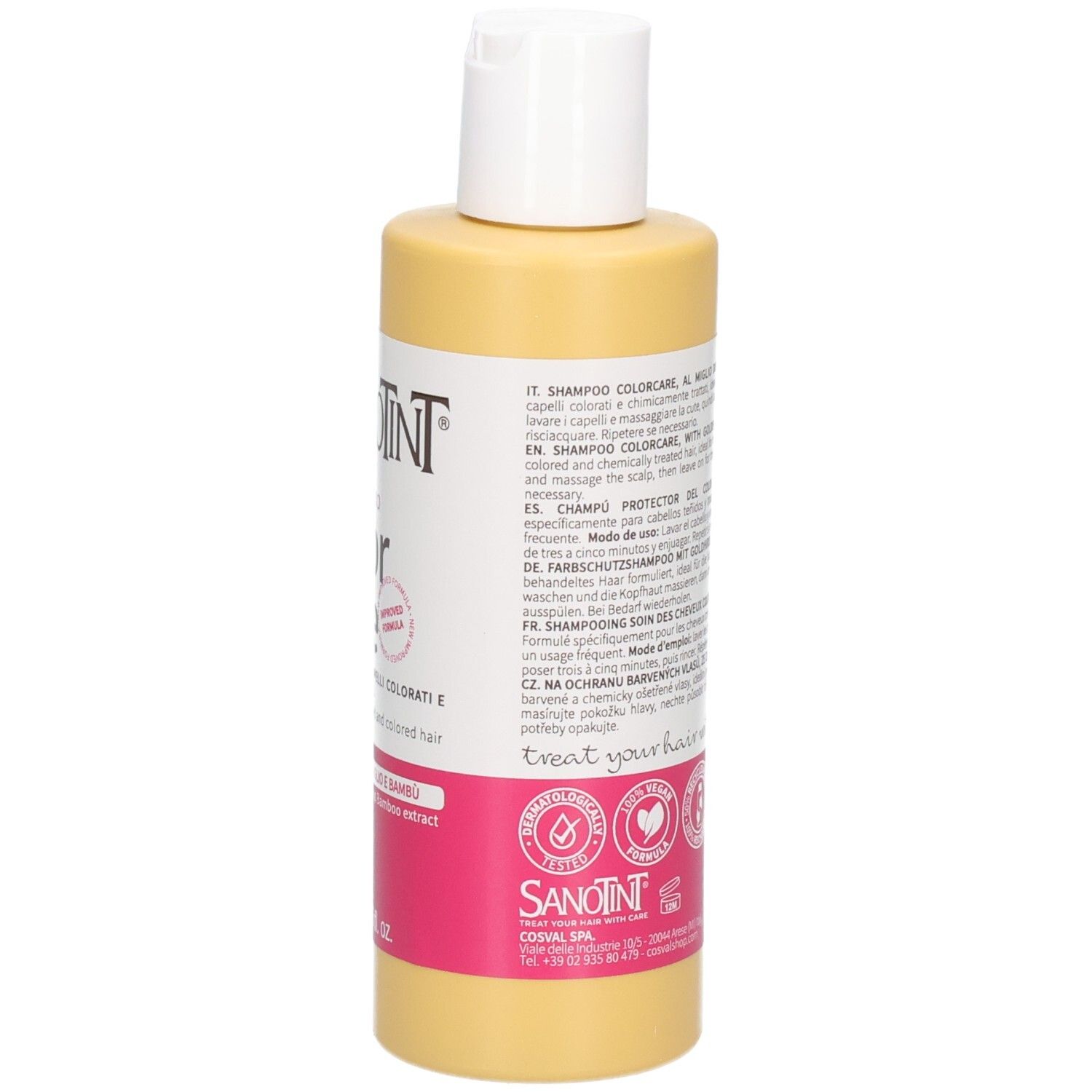 Gelbe Flasche mit weißem Verschluss, Etikett mit mehrsprachigen Produktinformationen und Markenzeichen.