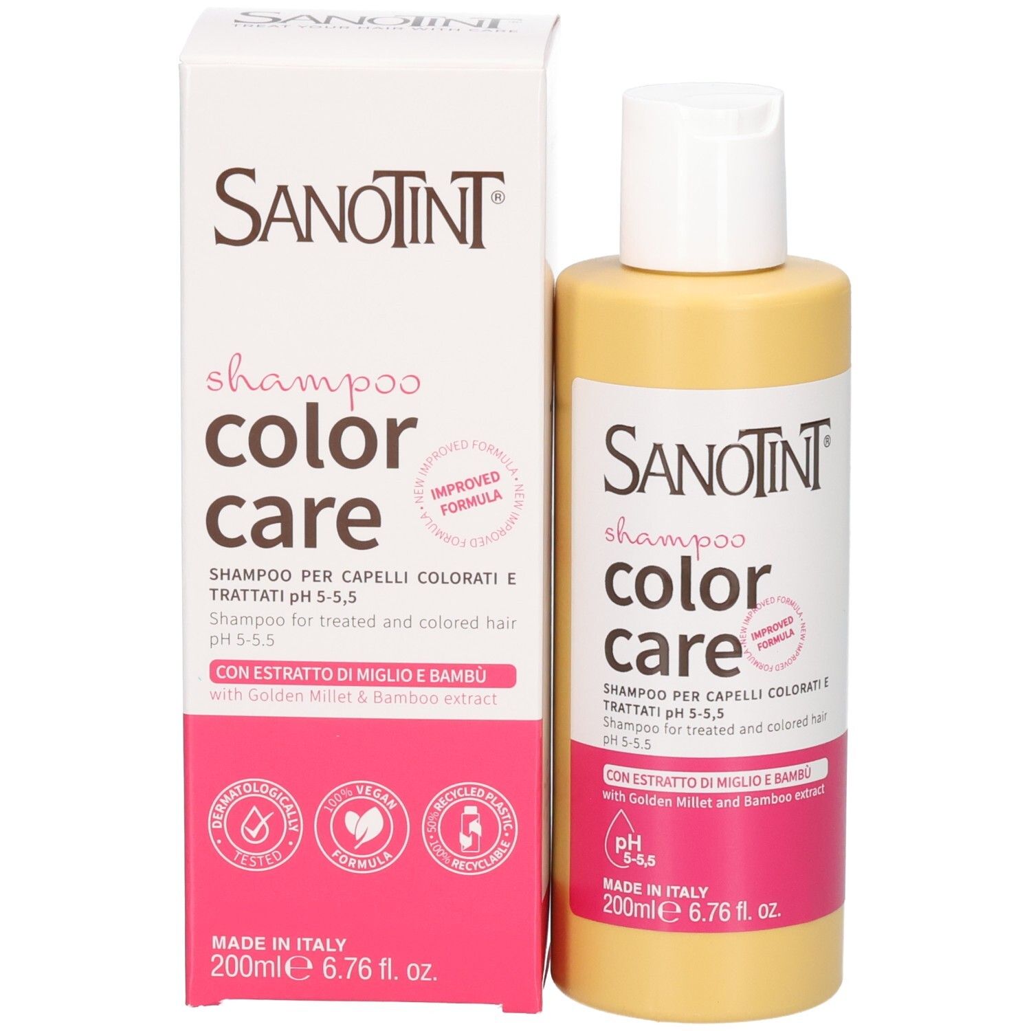 Sanotint Color Care Shampoo Flasche und Karton, 200ml, mit Goldhirse und Bambusextrakt.