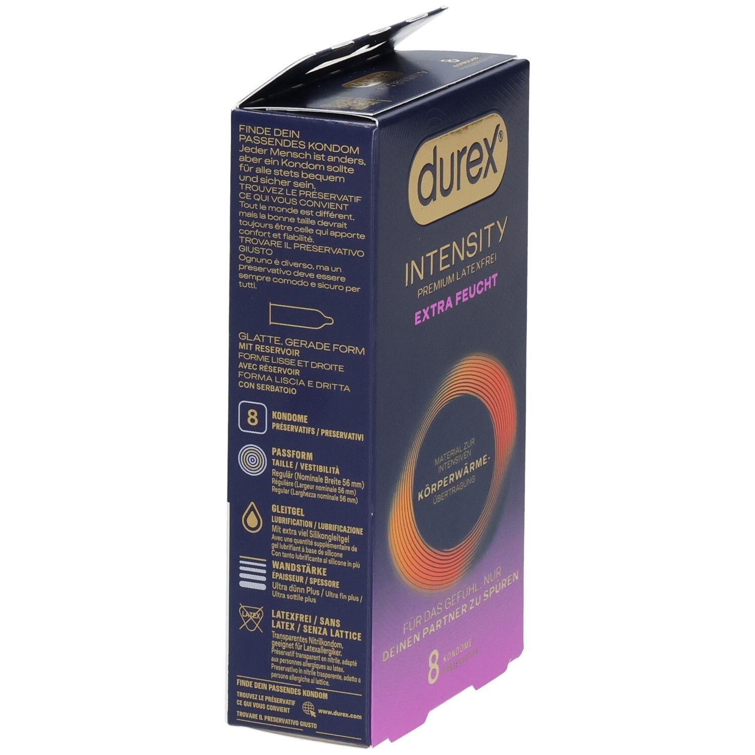 Rückseite einer Durex Intensity Kondom-Packung mit Produktinformationen.