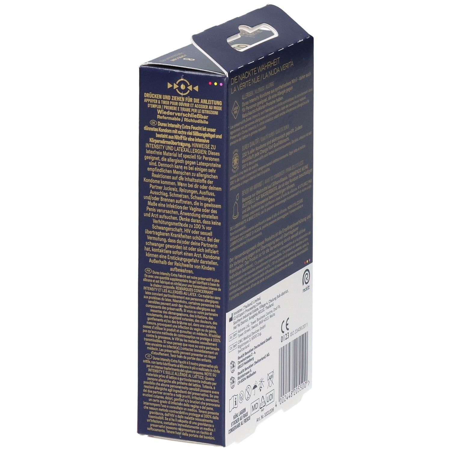 Seitenansicht einer Durex Intensity Kondom-Packung mit detaillierten Produktinformationen.
