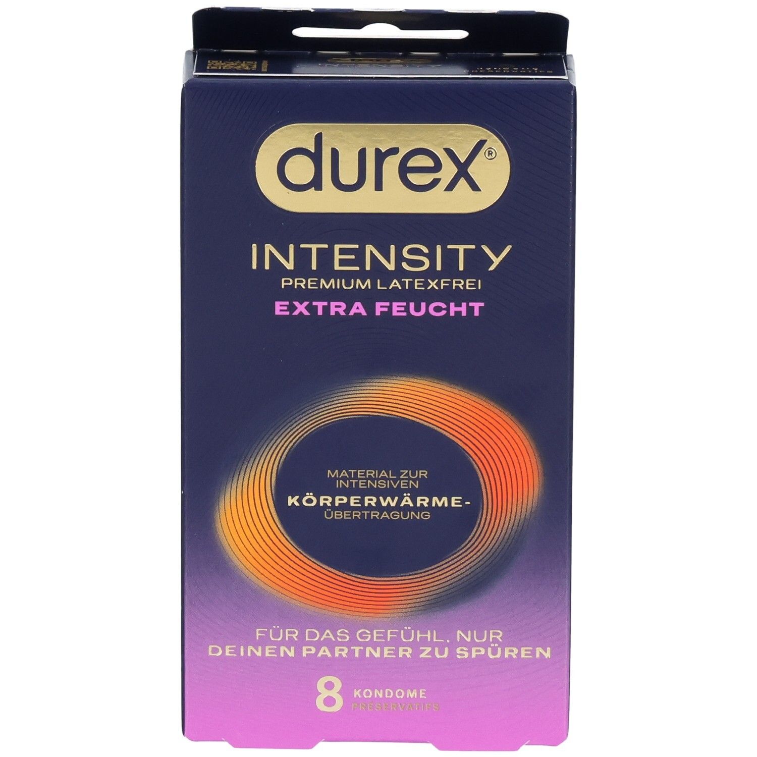 Vorderseite einer Durex Intensity Kondom-Packung, 8 Stück, extra feucht, latexfrei.