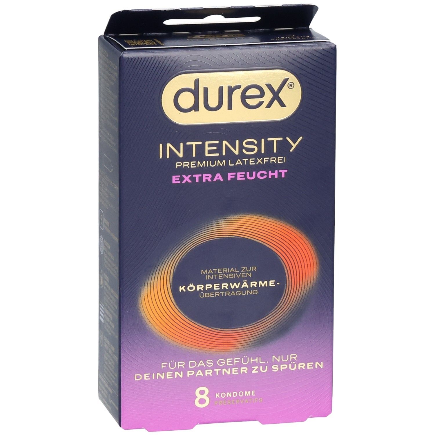 Durex Intensity Kondom-Packung, 8 Stück, extra feucht, latexfrei, mit Wärmeübertragungs-Symbol.