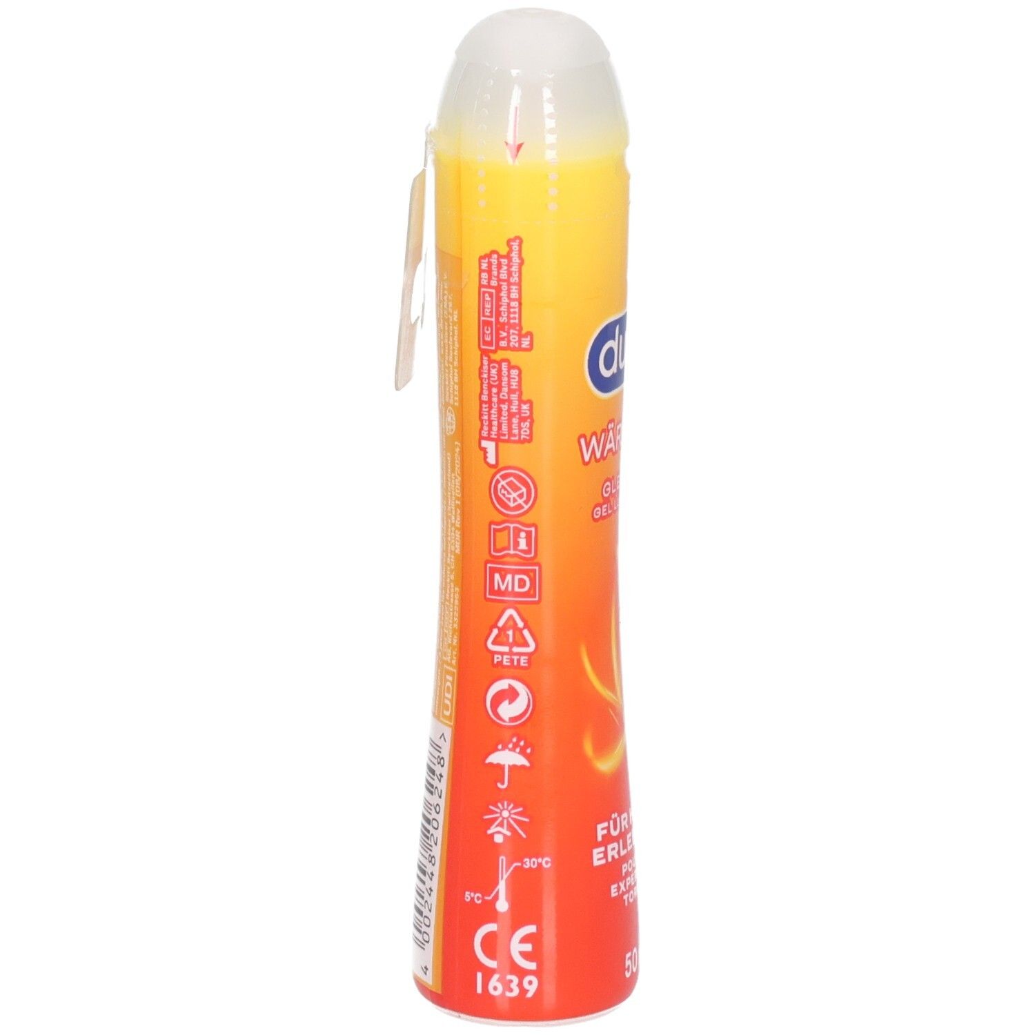 Rückseite einer Flasche Durex wärmendes Gleitgel mit Symbolen und CE-Kennzeichnung.