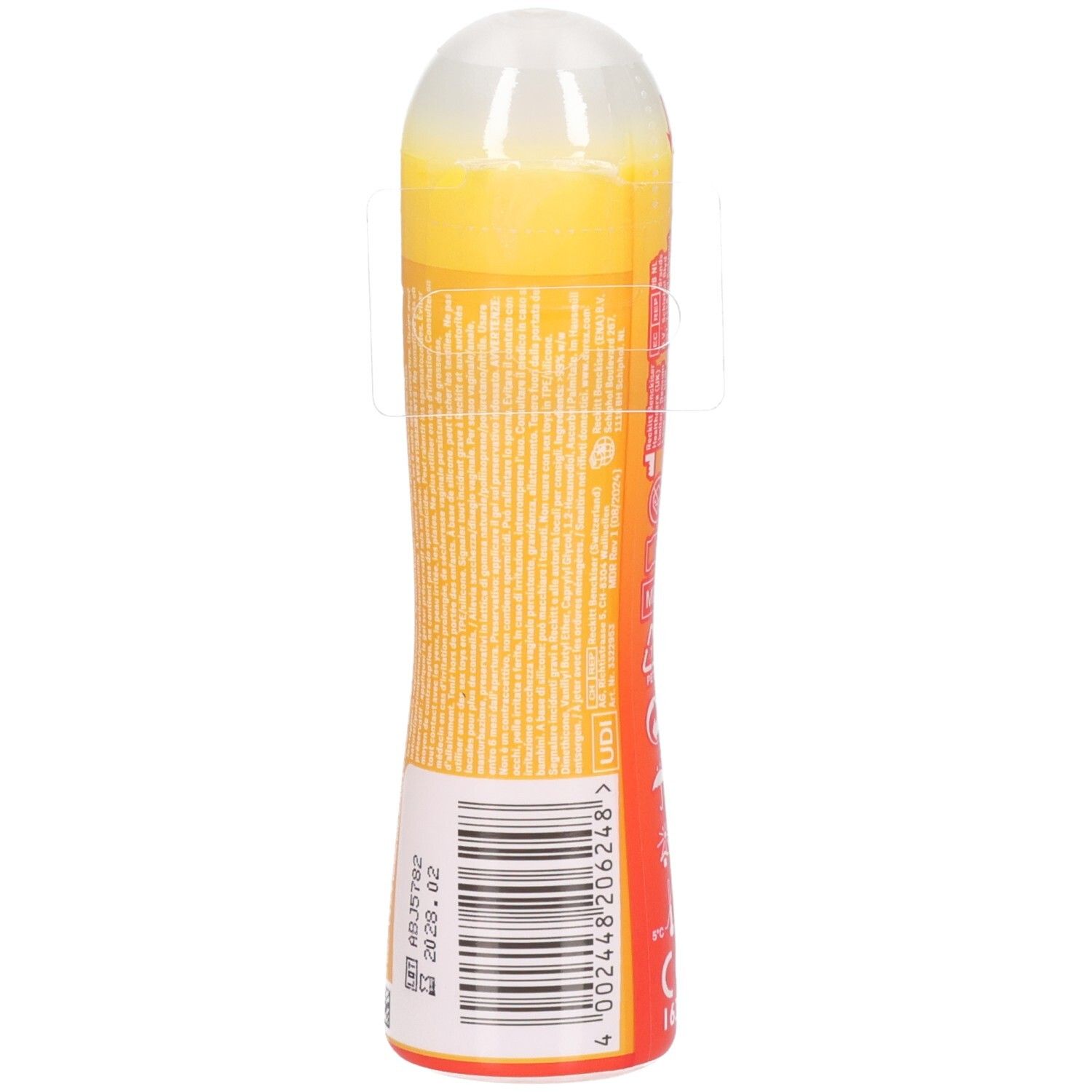 Seite einer Flasche Durex wärmendes Gleitgel mit Barcode und Verfallsdatum.