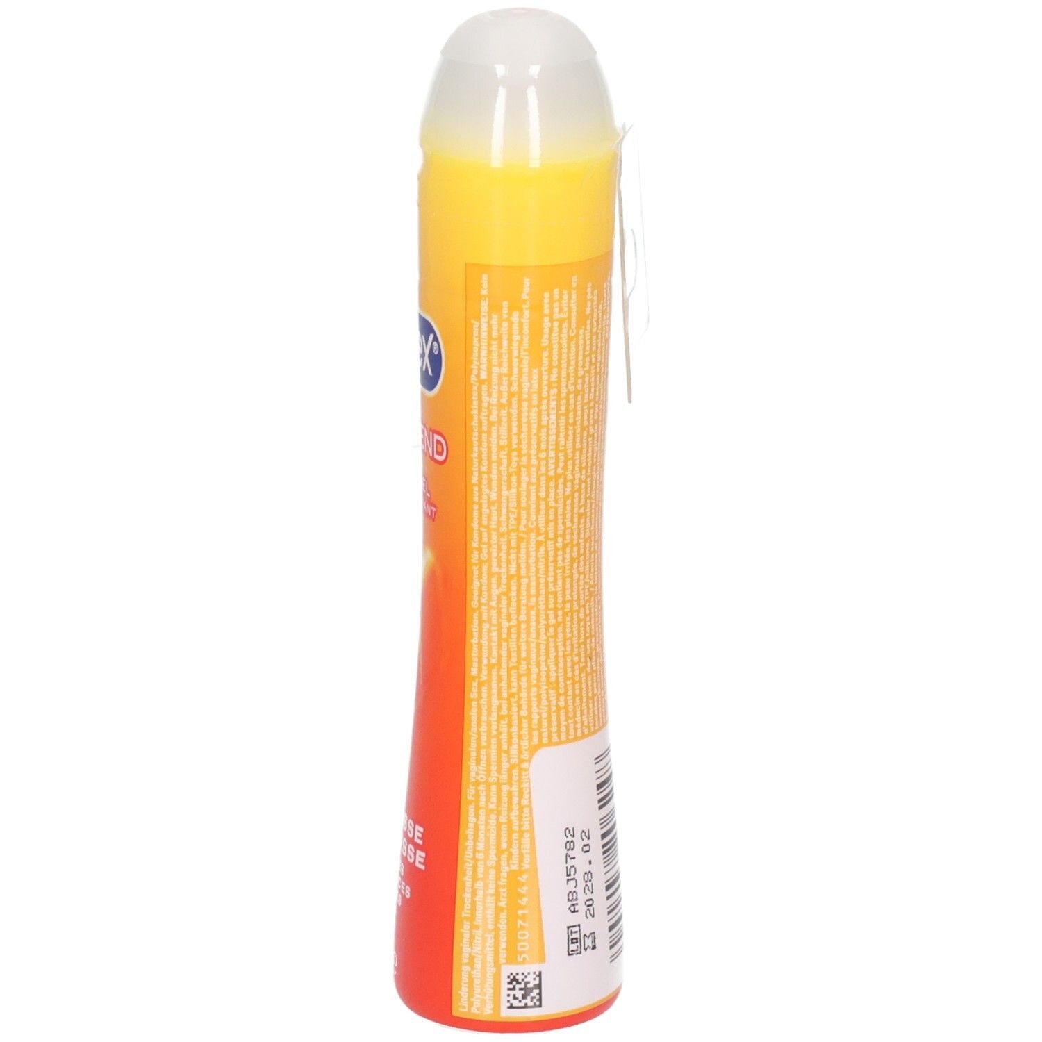 Seite einer Flasche Durex wärmendes Gleitgel mit Barcode und Verfallsdatum.