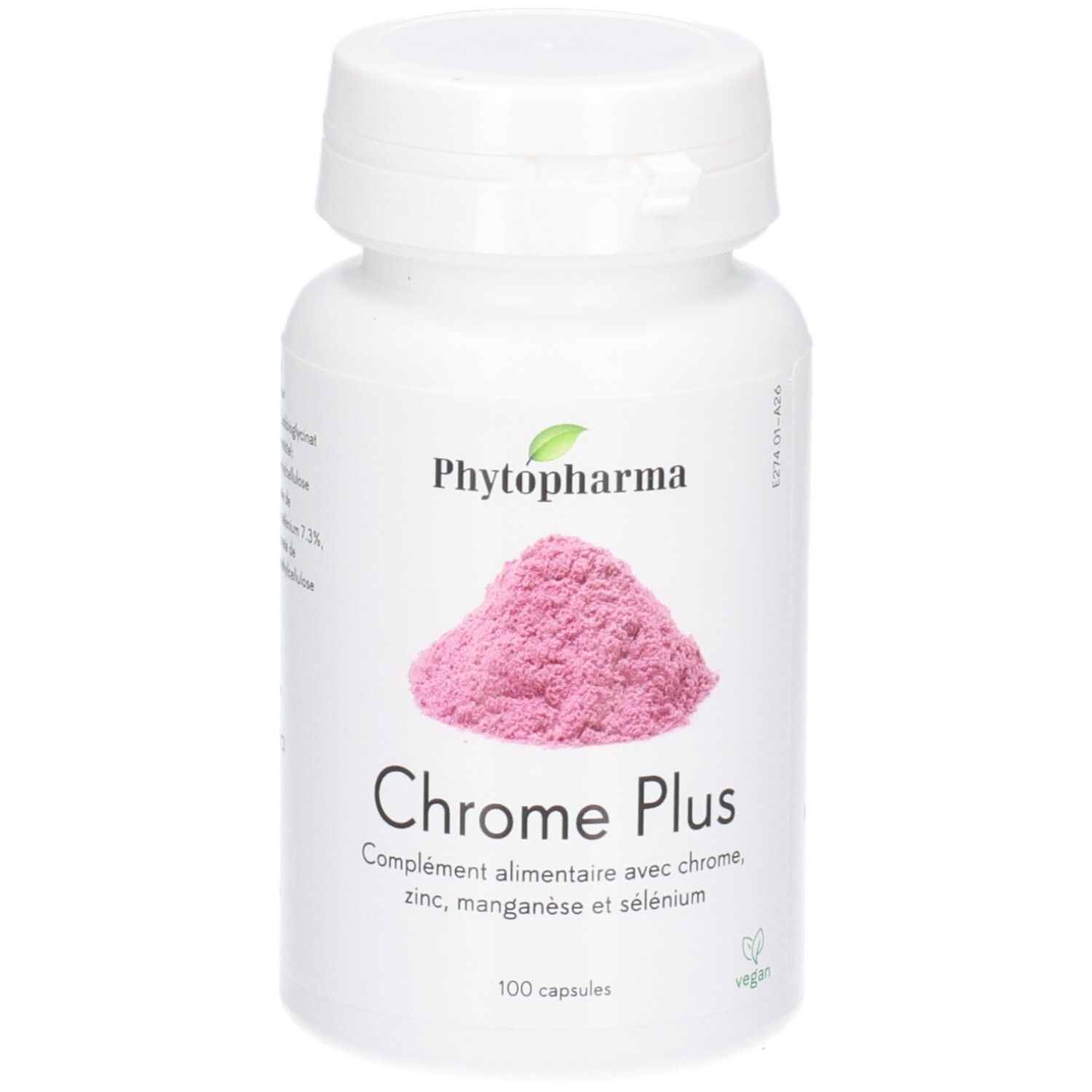 Weiße Kapselpackung mit rosa Pulverabbildung und 'Chrome Plus' Aufschrift.