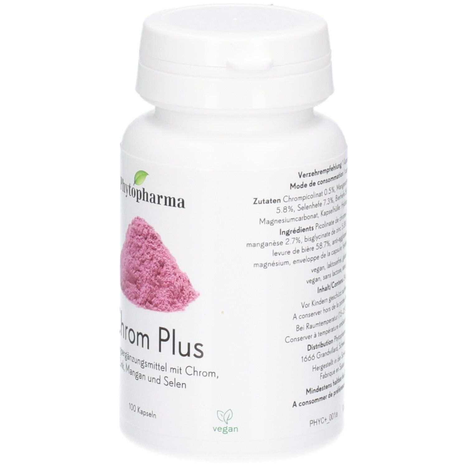 Weiße Kapselpackung mit rosa Pulverabbildung, 'Chrome Plus' und veganem Siegel.