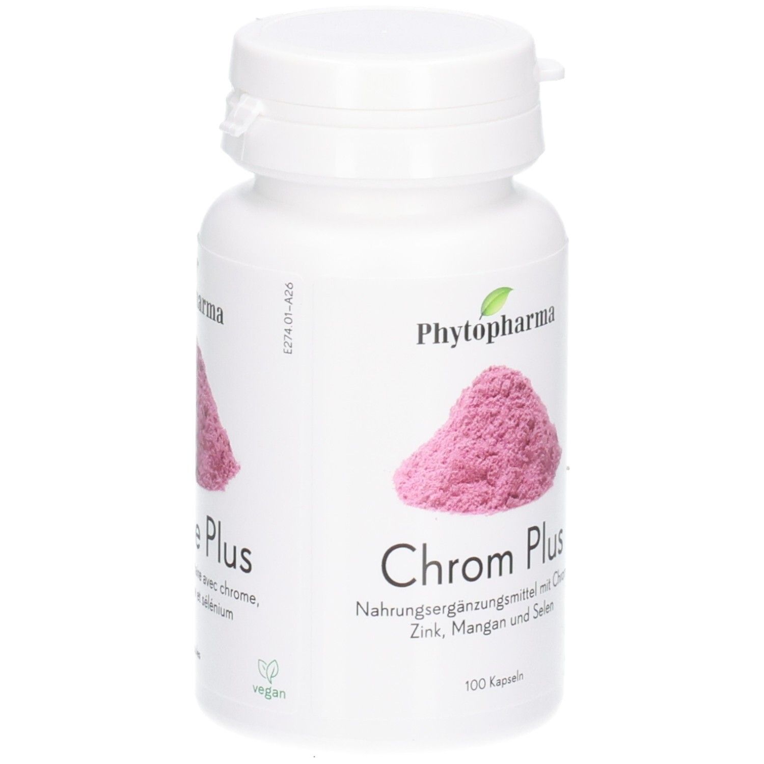 Weiße Kapselpackung mit rosa Pulverabbildung, 'Chrome Plus' und veganem Siegel.