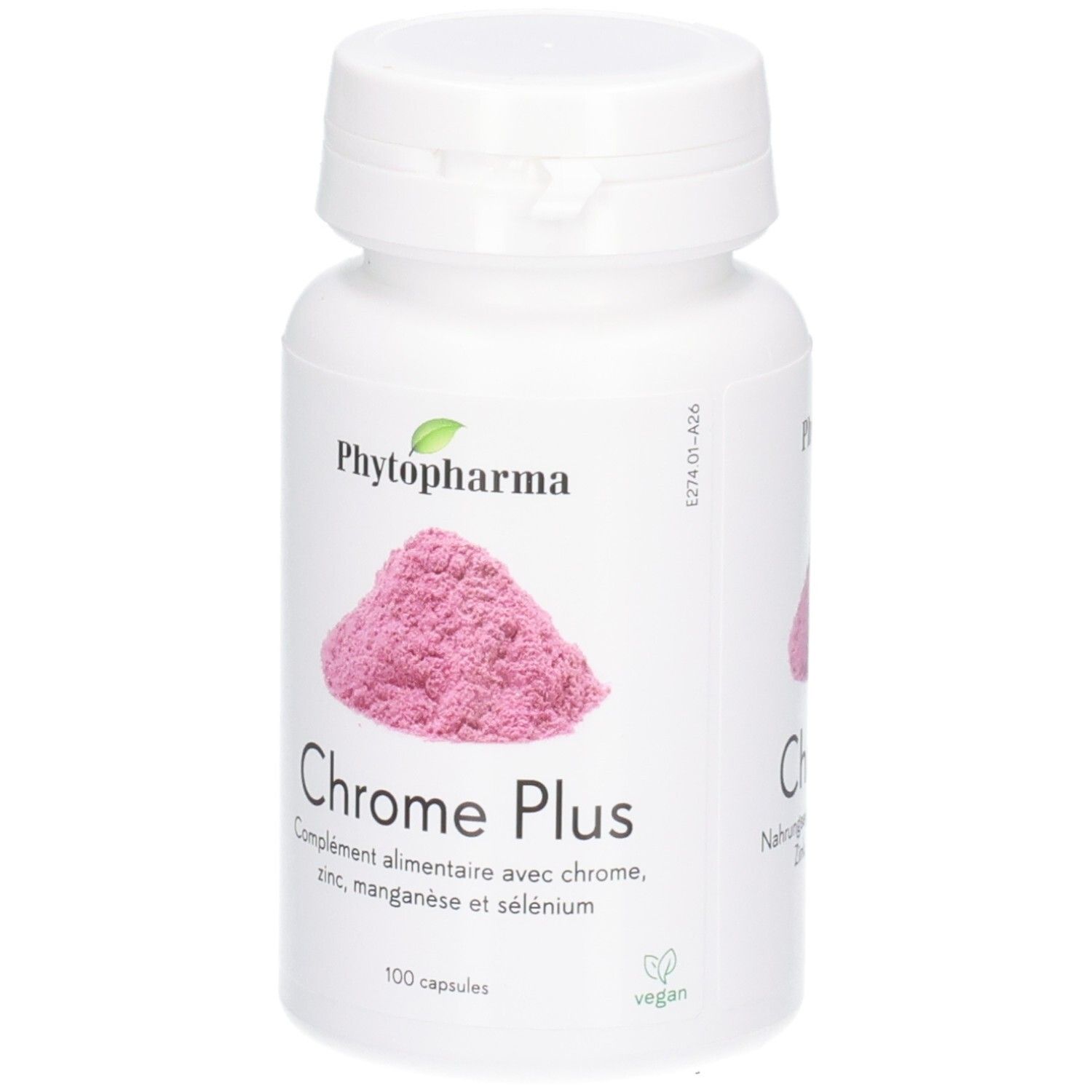Weiße Kapselpackung mit rosa Pulverabbildung, 'Chrome Plus' und veganem Siegel.