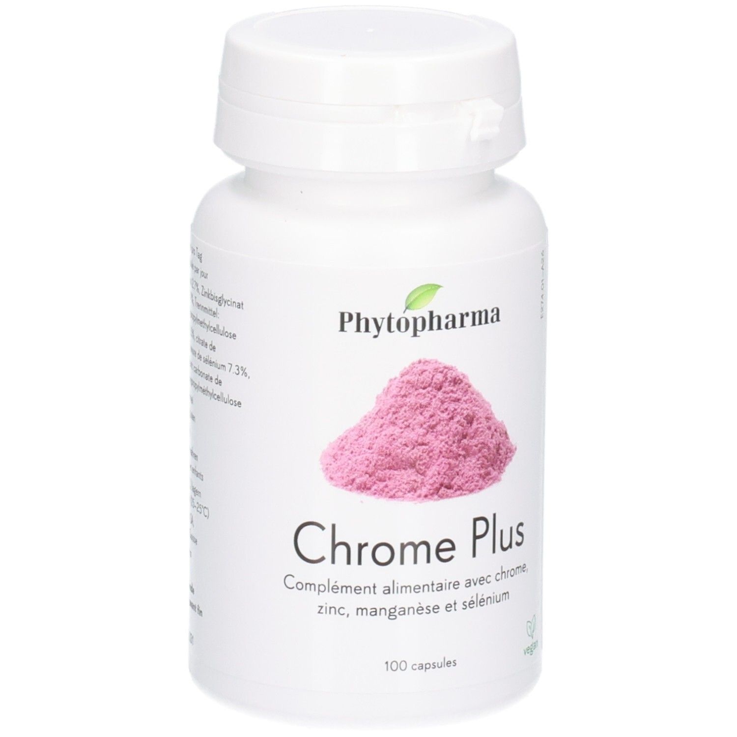 Weiße Kapselpackung mit rosa Pulverabbildung, 'Chrome Plus' und veganem Siegel.