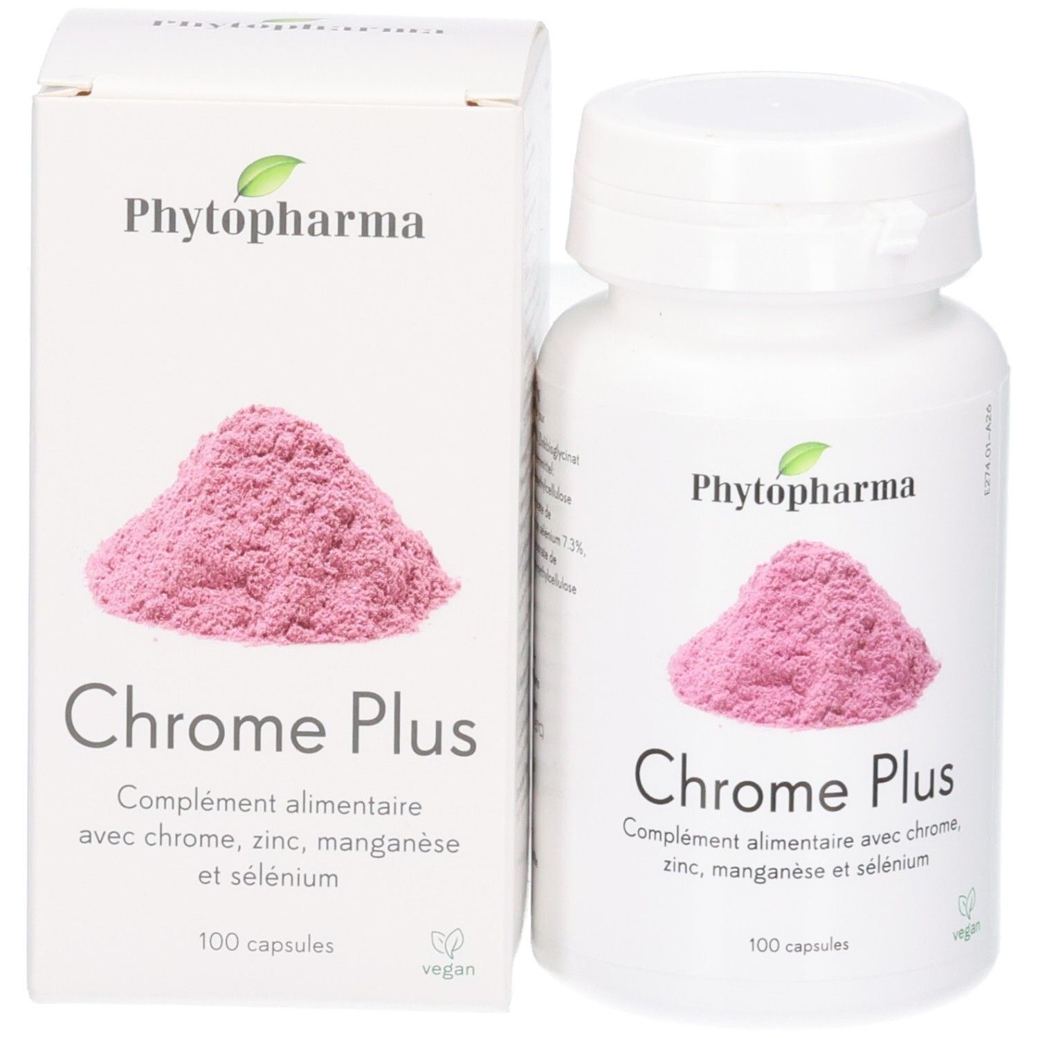 Weiße Kapselpackung und Faltschachtel mit rosa Pulverabbildung, 'Chrome Plus' und veganem Siegel.