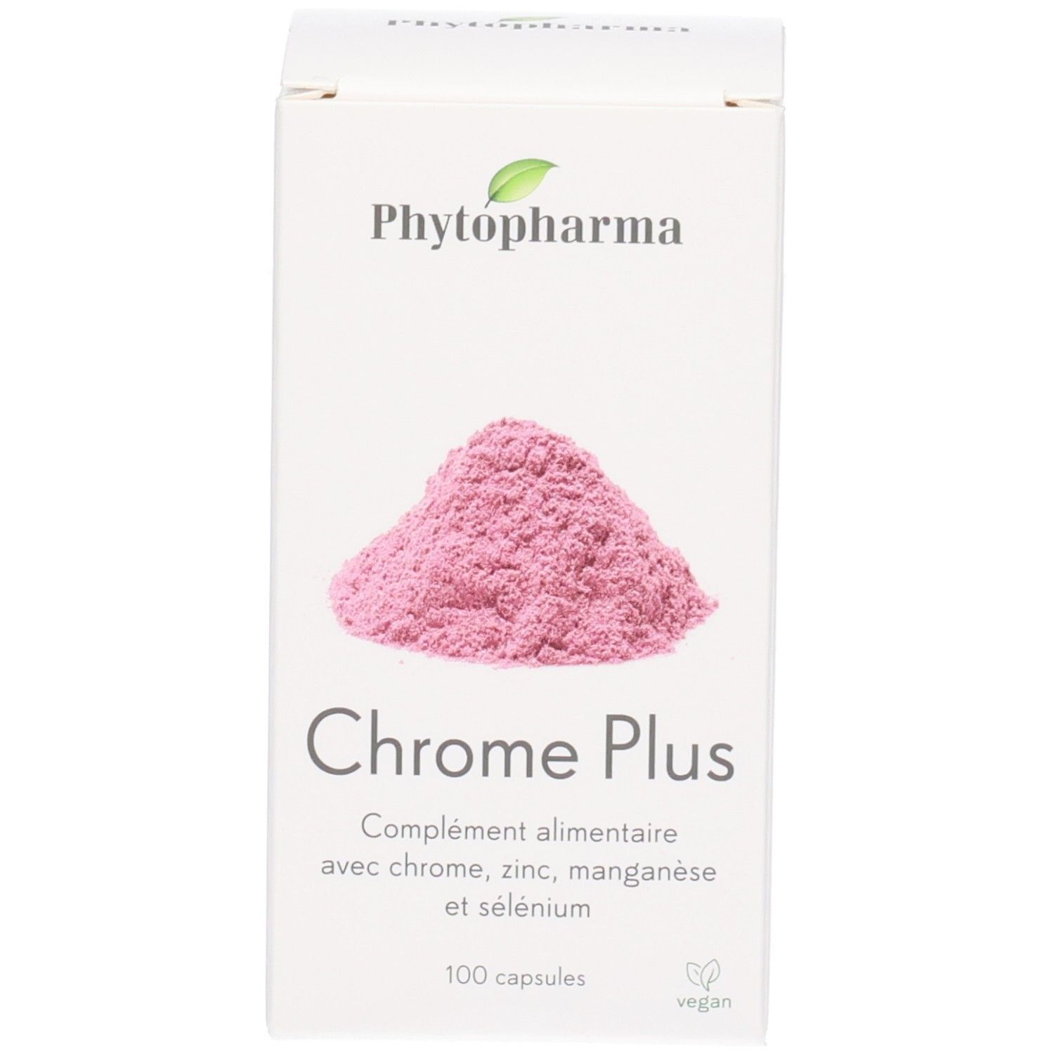 Faltschachtel mit rosa Pulverabbildung, 'Chrome Plus' und veganem Siegel.