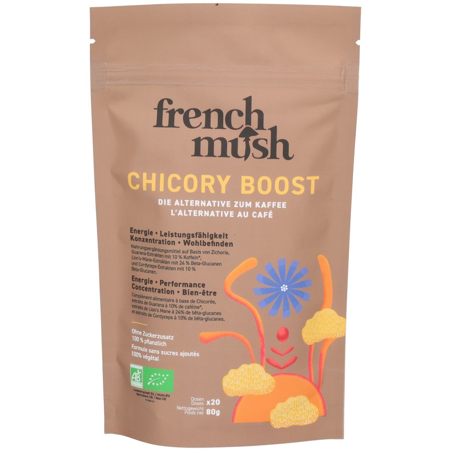 Braune Standbodenbeutel mit "FRENCH MUSH CHICORY BOOST" Aufschrift. Gelbe und orangefarbene Illustrationen.