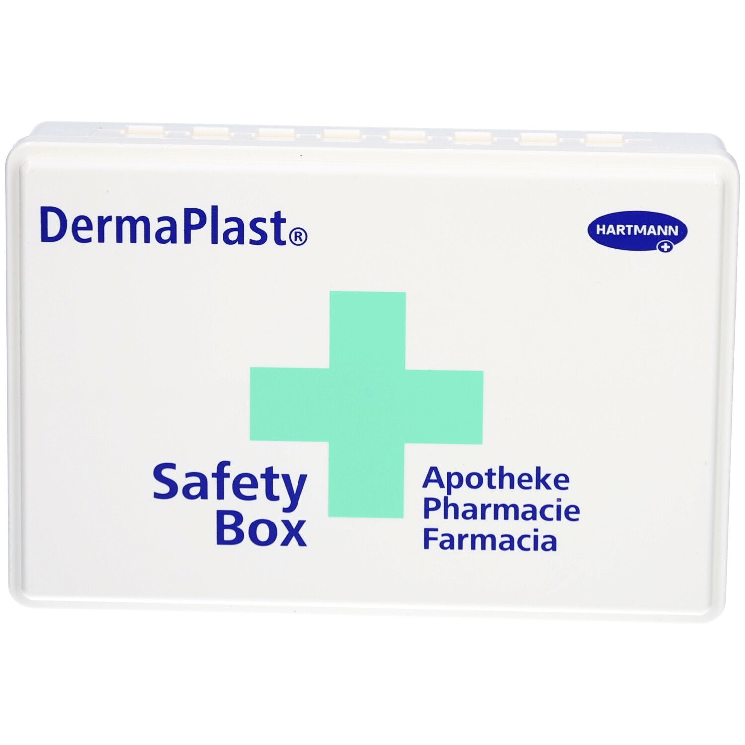 Weiße Safety Box mit grünem Kreuz. Aufschrift: DermaPlast, Safety Box, Apotheke, Farmacia. Hartmann-Logo.