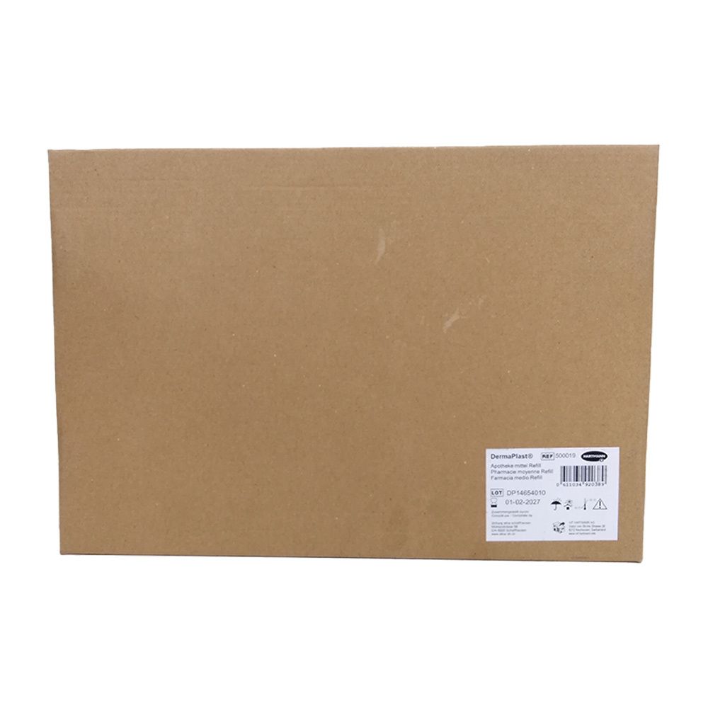 Braune Kartonverpackung. Aufkleber mit Produktinformationen und Logos. Eckansicht.