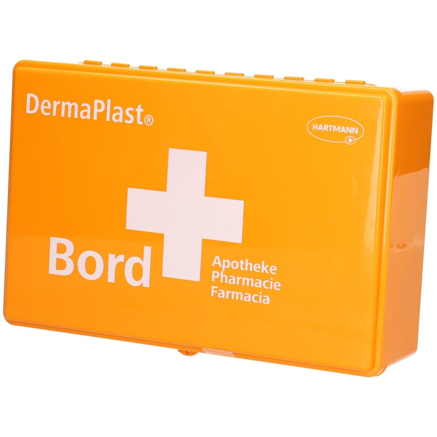 Orange Erste-Hilfe-Box mit weißem Kreuz. Aufschrift: DermaPlast, Bord, Apotheke, Farmacia. Hartmann-Logo.