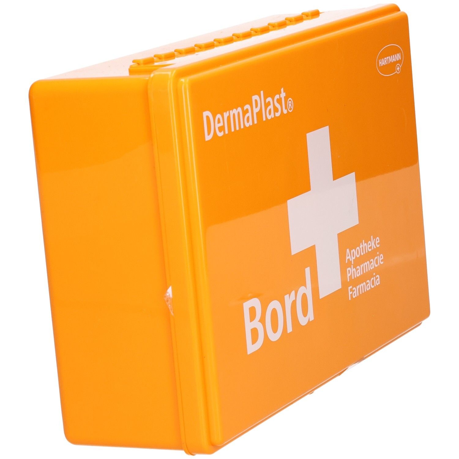 Schräg gestellte orange Erste-Hilfe-Box mit weißem Kreuz. Aufschrift: DermaPlast, Bord, Apotheke, Farmacia. Hartmann-Logo.