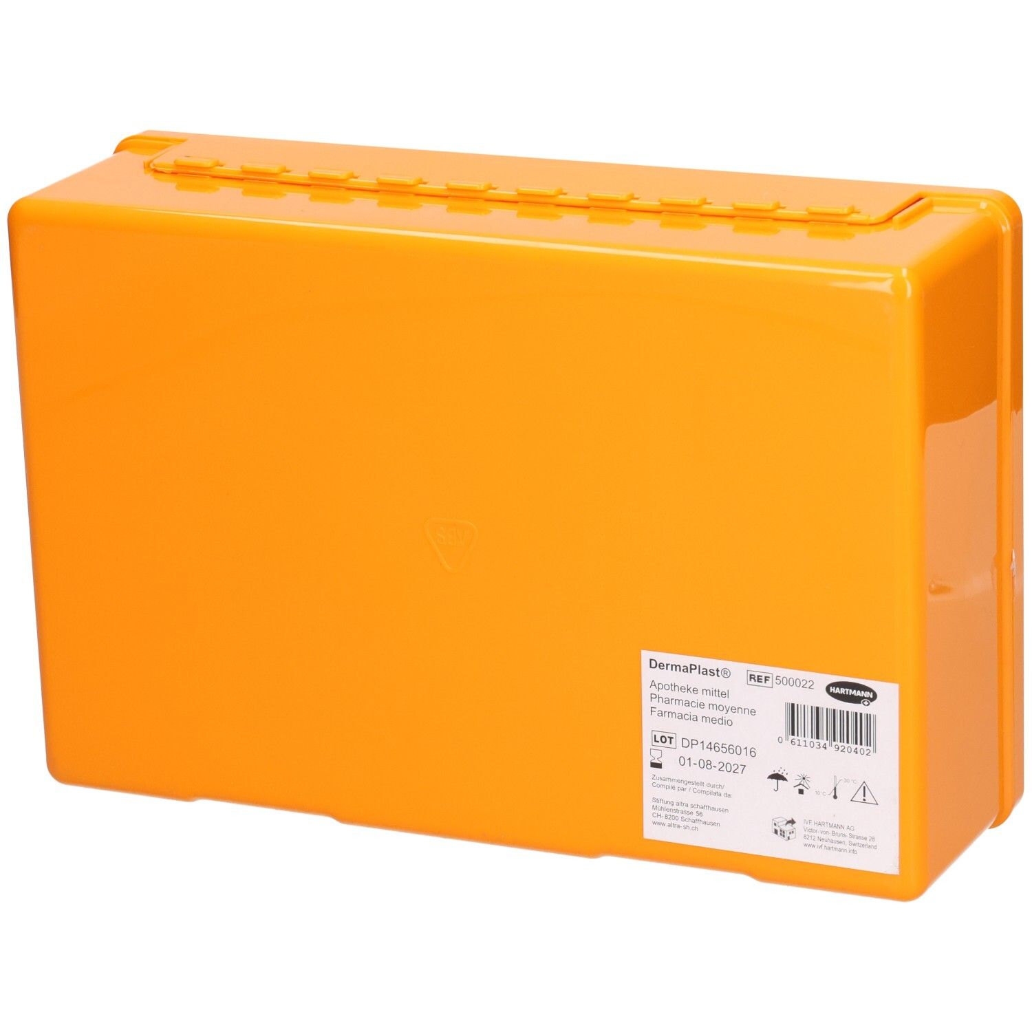 Orange Erste-Hilfe-Box, Rückseite. Aufkleber mit Produktinformationen. DermaPlast, Apotheke mittel, Chargennummer, Verfallsdatum.