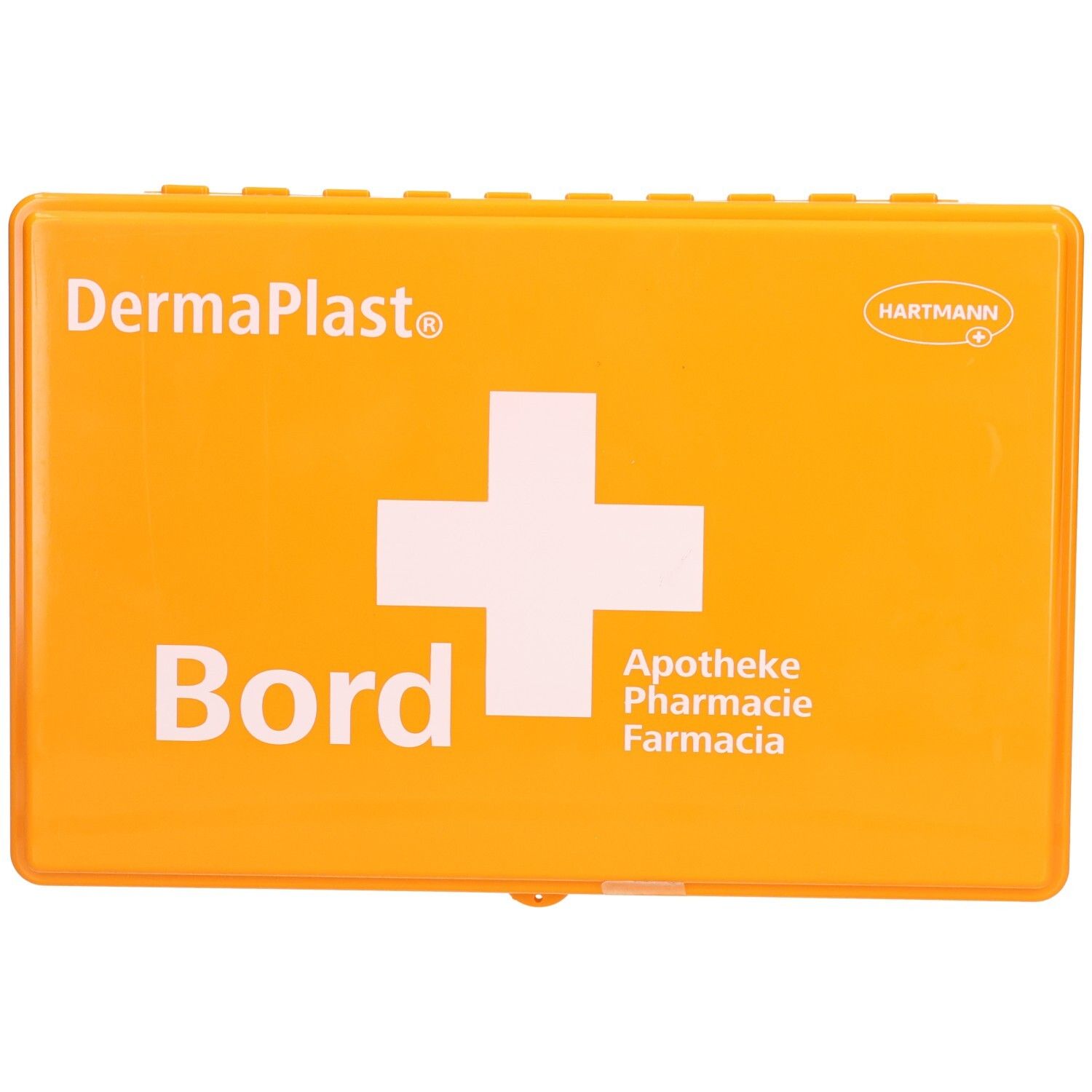 Orange Erste-Hilfe-Box mit weißem Kreuz. Aufschrift: DermaPlast, Bord, Apotheke, Farmacia. Hartmann-Logo. Deckel geschlossen.