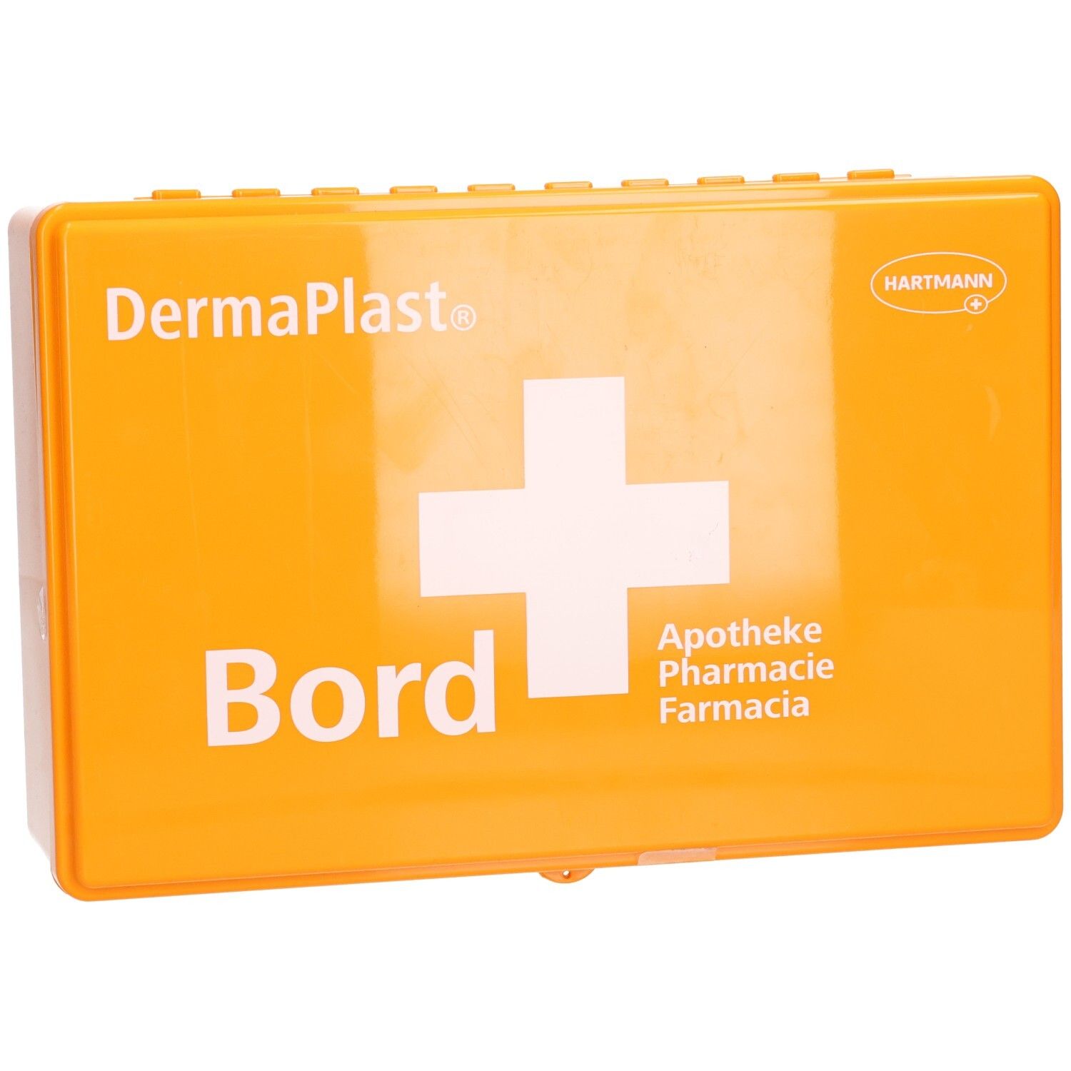 Orange Erste-Hilfe-Box mit weißem Kreuz. Aufschrift: DermaPlast, Bord, Apotheke, Farmacia. Hartmann-Logo. Deckel geschlossen.
