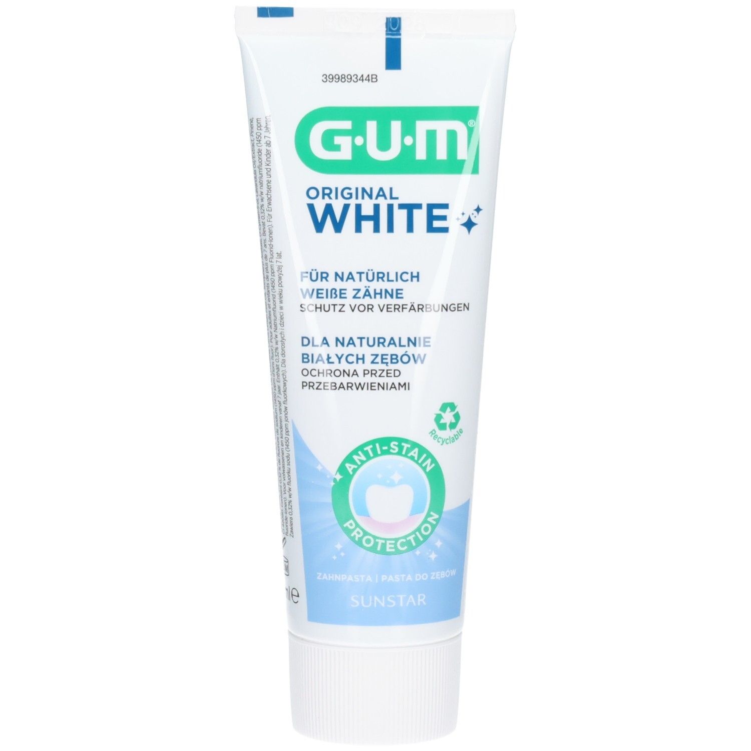 Zahnpasta-Tube, weiß mit grünem und blauem Aufdruck. G.U.M. Original White. Anti-Flecken-Schutz.