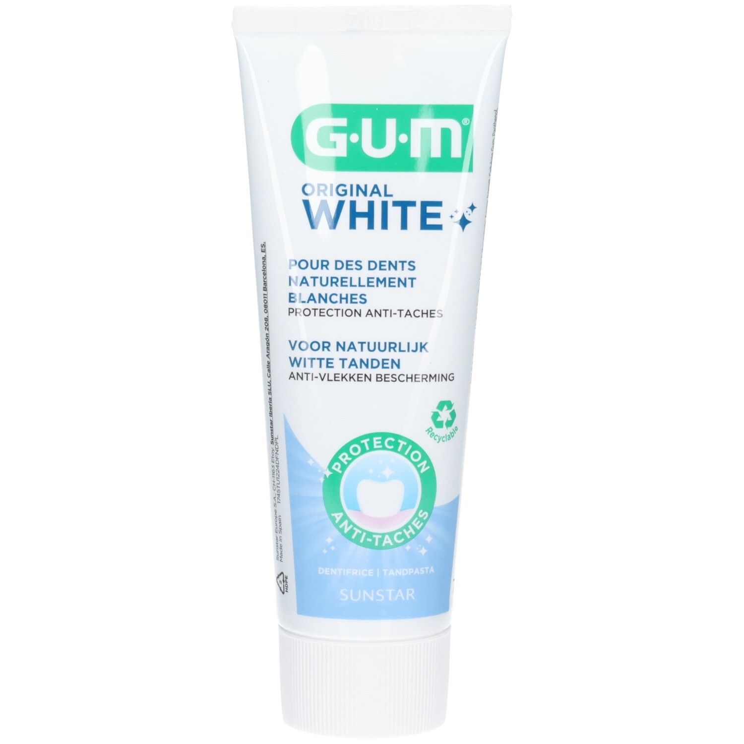 Zahnpasta-Tube, weiß mit grünem und blauem Aufdruck. G.U.M. Original White. Anti-Flecken-Schutz.