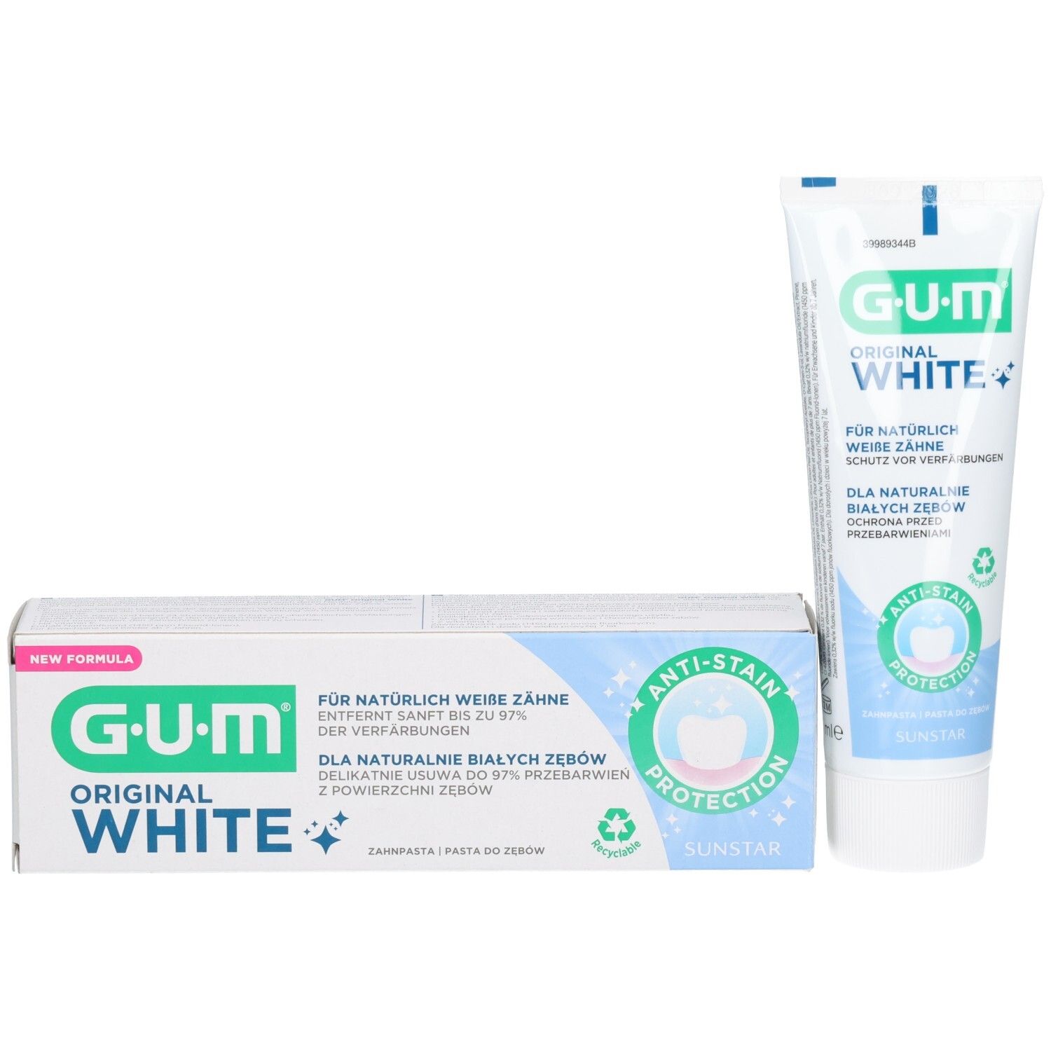 Zahnpasta-Tube und -Schachtel. G.U.M. Original White. Anti-Flecken-Schutz. Weiße Tube, weiße Schachtel.