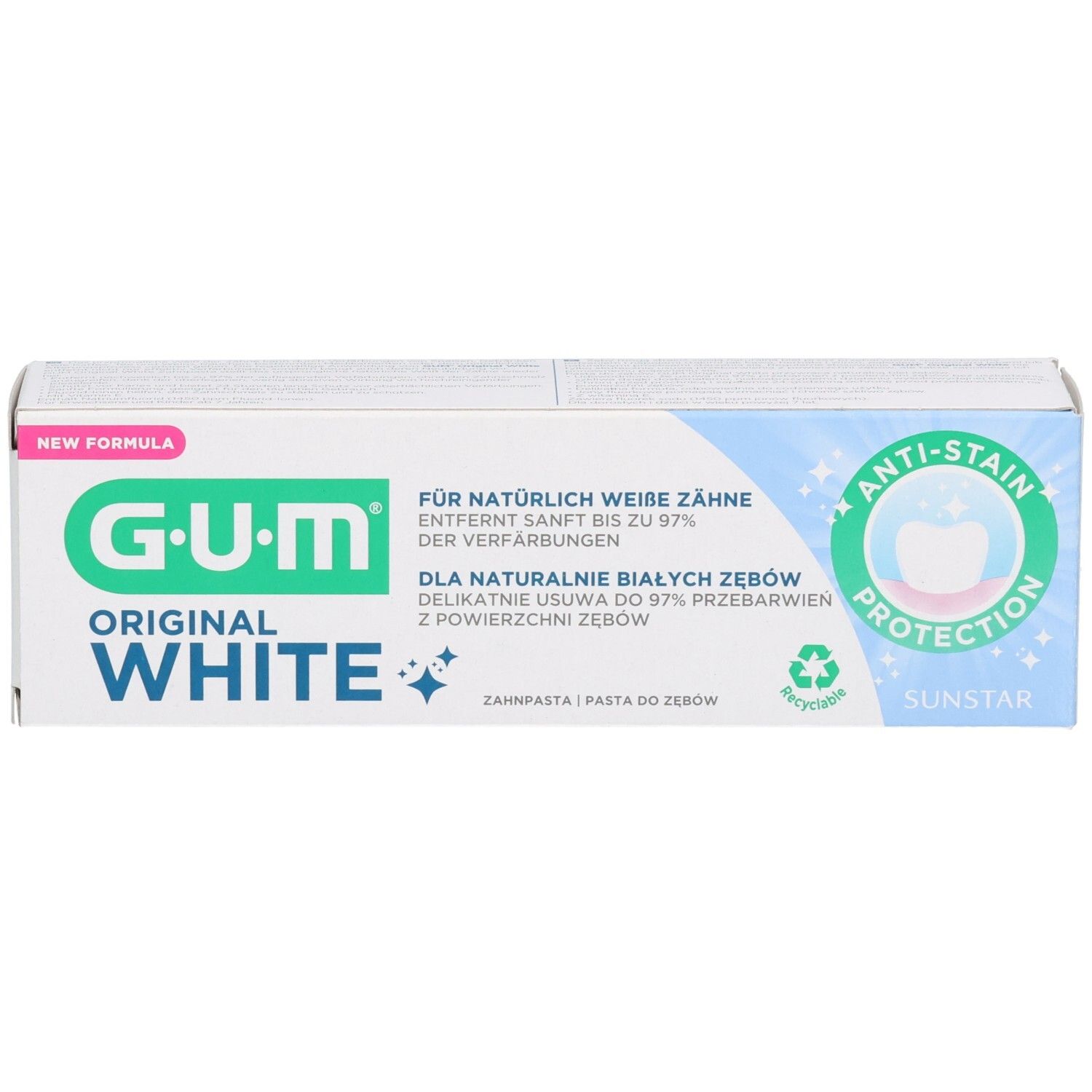 Weiße Schachtel mit grünem und blauem Aufdruck. G.U.M. Original White. Anti-Flecken-Schutz. Text in Deutsch.