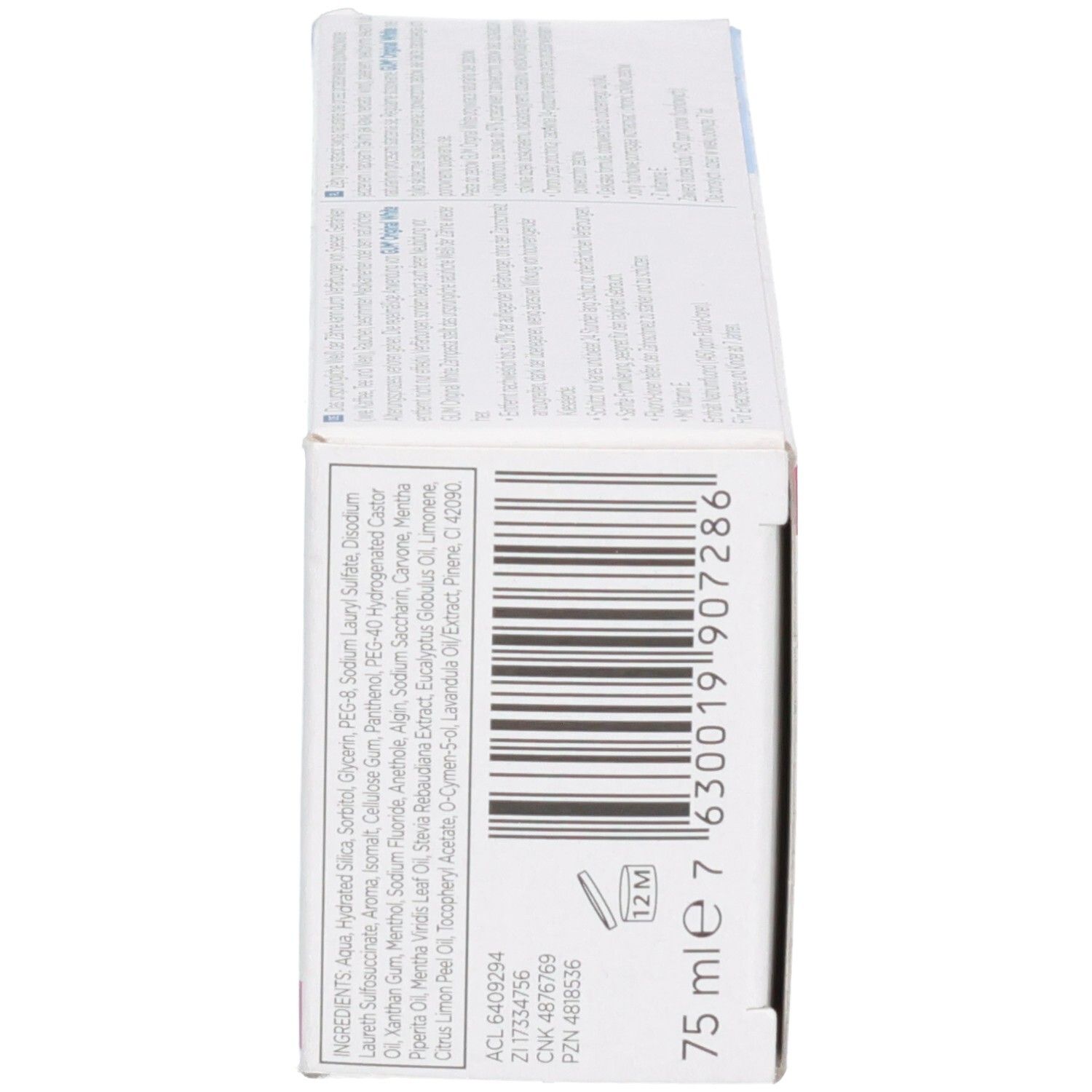 Seitenansicht der Zahnpasta-Schachtel. Text mit Inhaltsstoffen und Informationen. 75 ml.