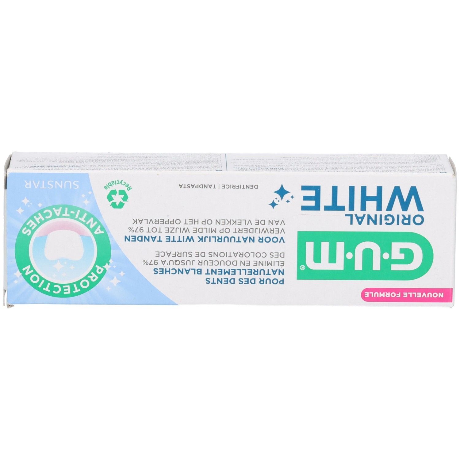 Weiße Schachtel mit grünem und blauem Aufdruck. G.U.M. Original White. Anti-Flecken-Schutz. Text in Niederländisch.