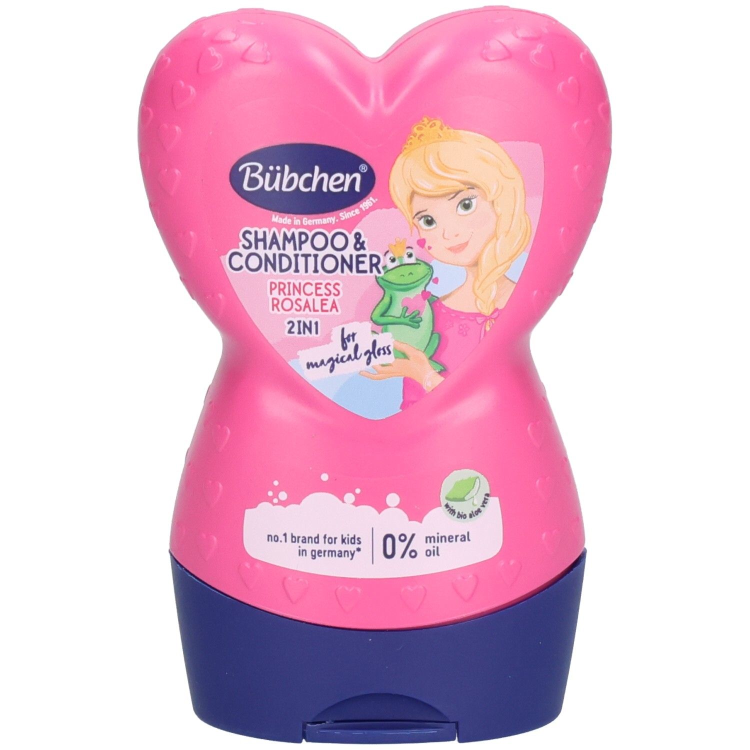 Rosa Shampoo-Flasche in Herzform. Aufdruck: Prinzessin Rosalea, Bübchen, 2in1 Shampoo & Spülung. Mit Illustration einer Prinzessin und Frosch.