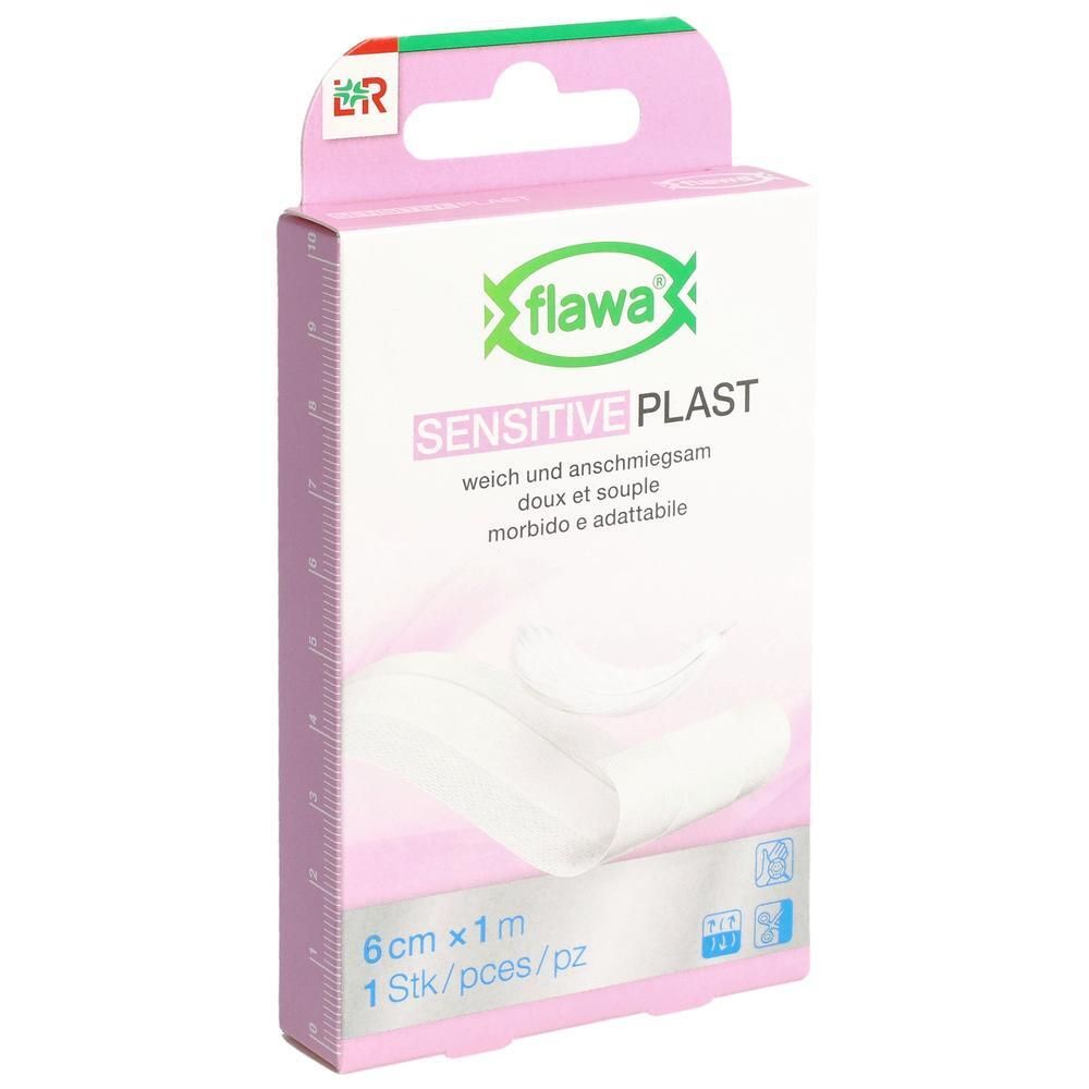 Verpackung mit FLAWA Sensitive Plast. Rosa-weiße Schachtel mit Produktnamen und Größenangabe. Gezeigt wird ein Pflaster.
