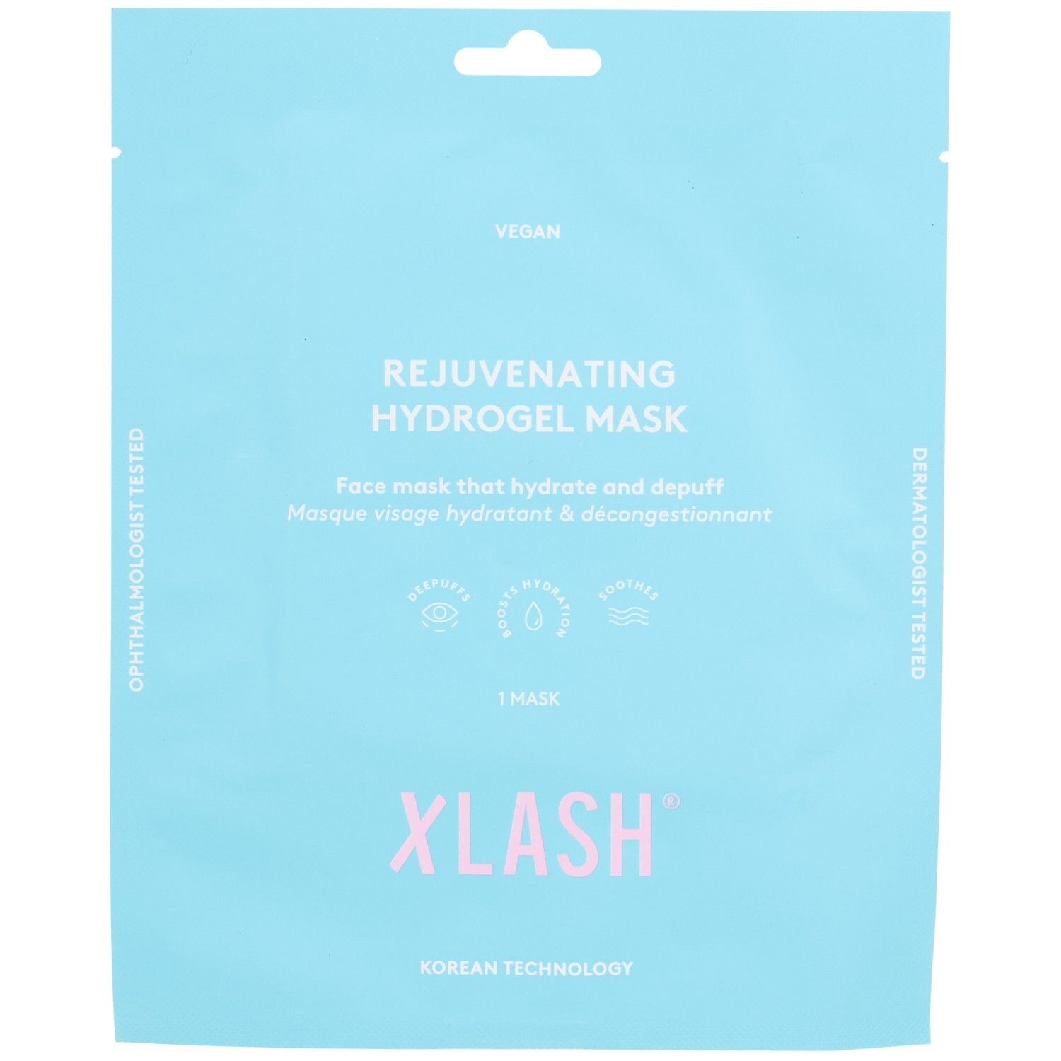 Hellblaue Verpackung mit Produktnamen XLASH. Text: Rejuvenating Hydrogel Mask, vegan, dermatologisch getestet. Enthält eine Maske.