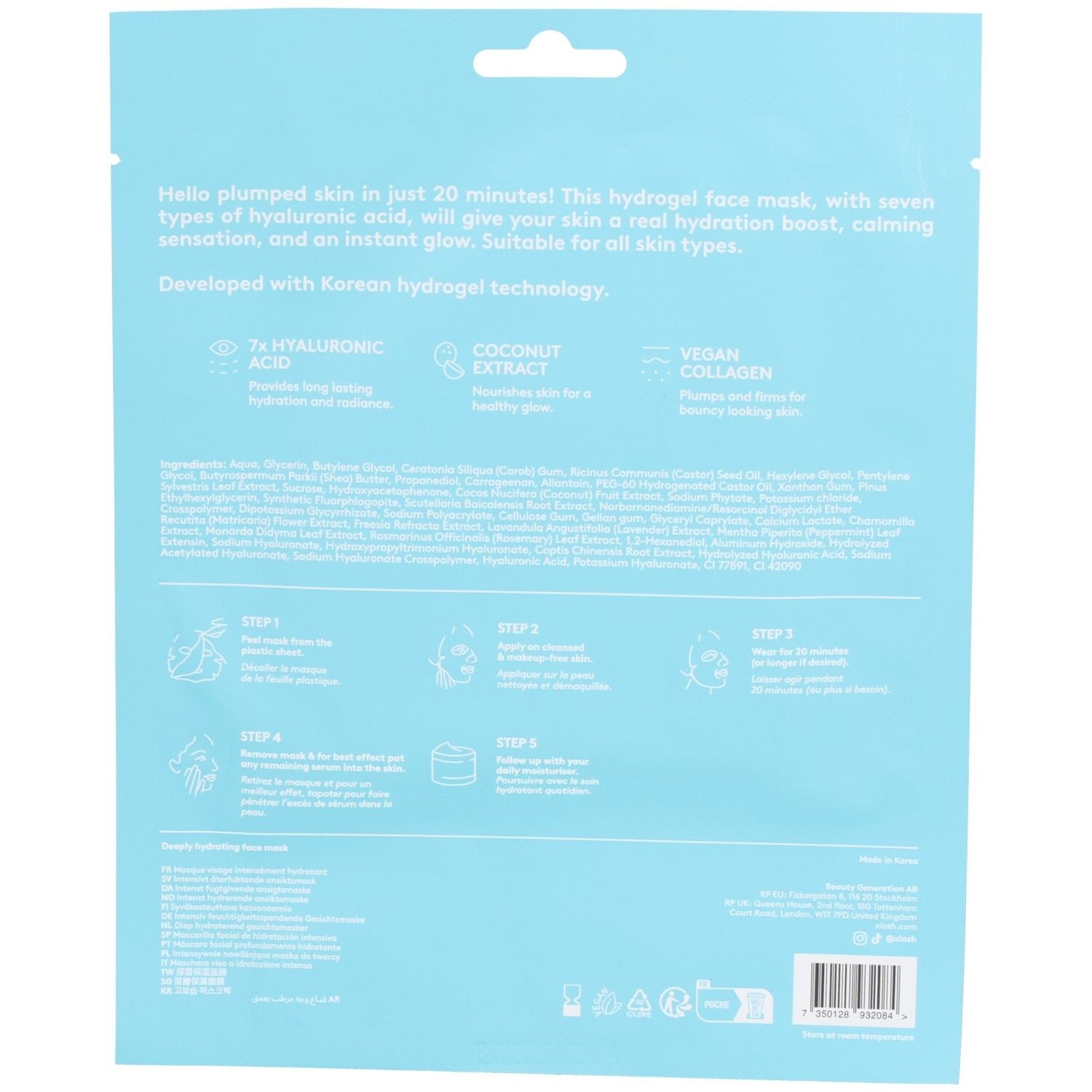 Rückseite der hellblauen XLASH-Verpackung. Text: 7x Hyaluronsäure, Kokosnussextrakt, veganes Kollagen. Anwendungsanleitung.