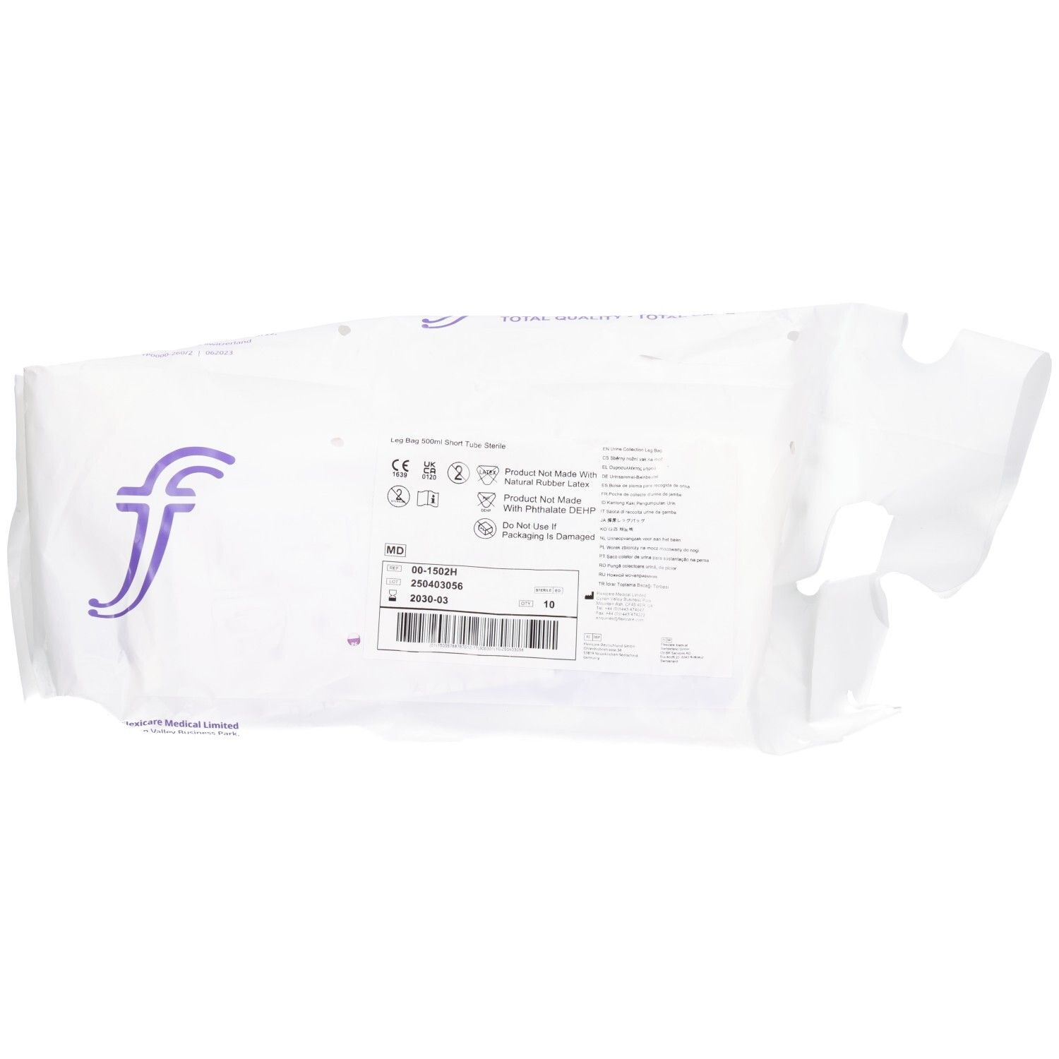 Steriler Urinbeutel mit Ablauf, 500ml, 7cm Ablauf, RV. Produkt ist in einer weißen Verpackung mit Produktinformationen und CE-Kennzeichnung.
