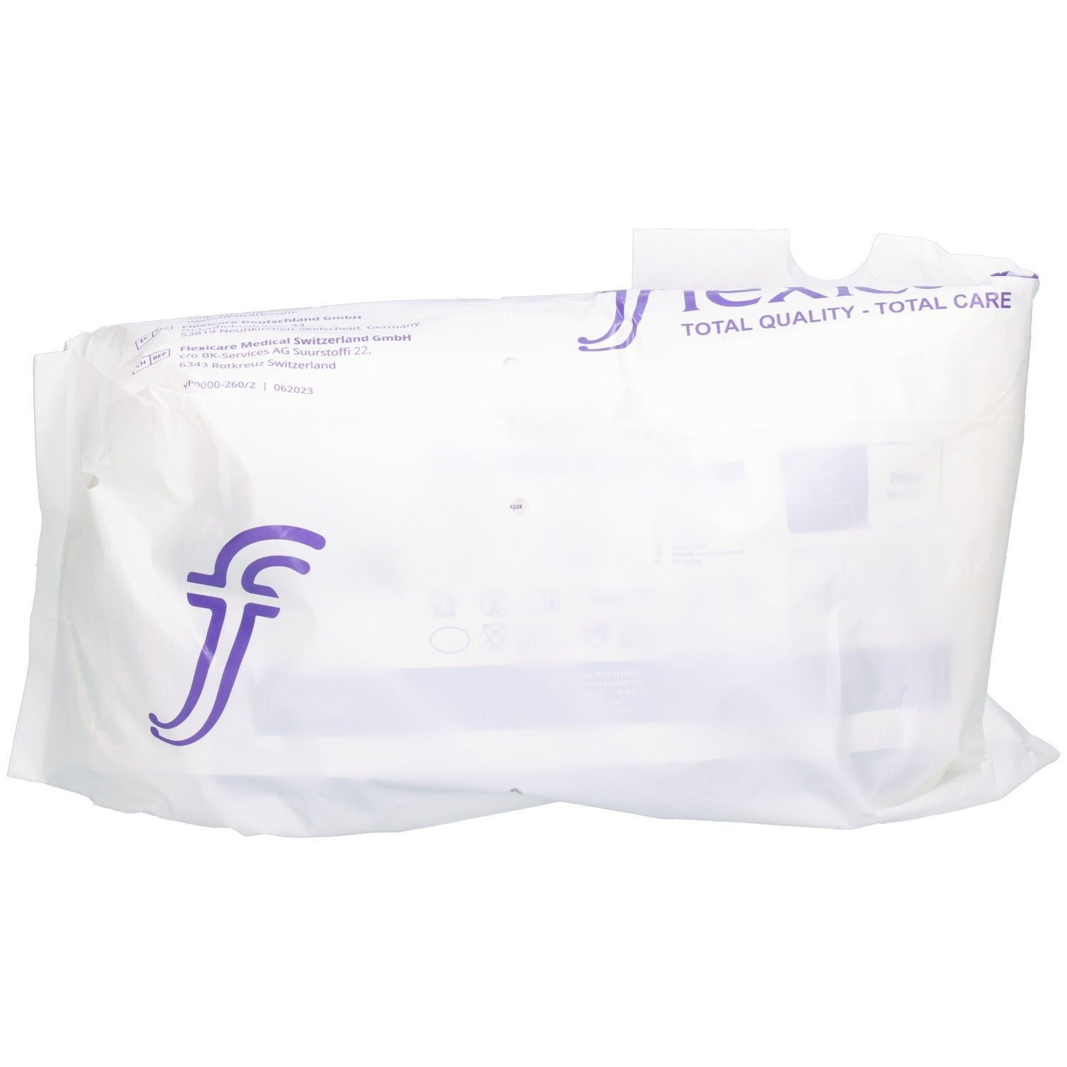 Verpackung eines medizinischen Produkts mit Logo und Text 'TOTAL QUALITY - TOTAL CARE'.