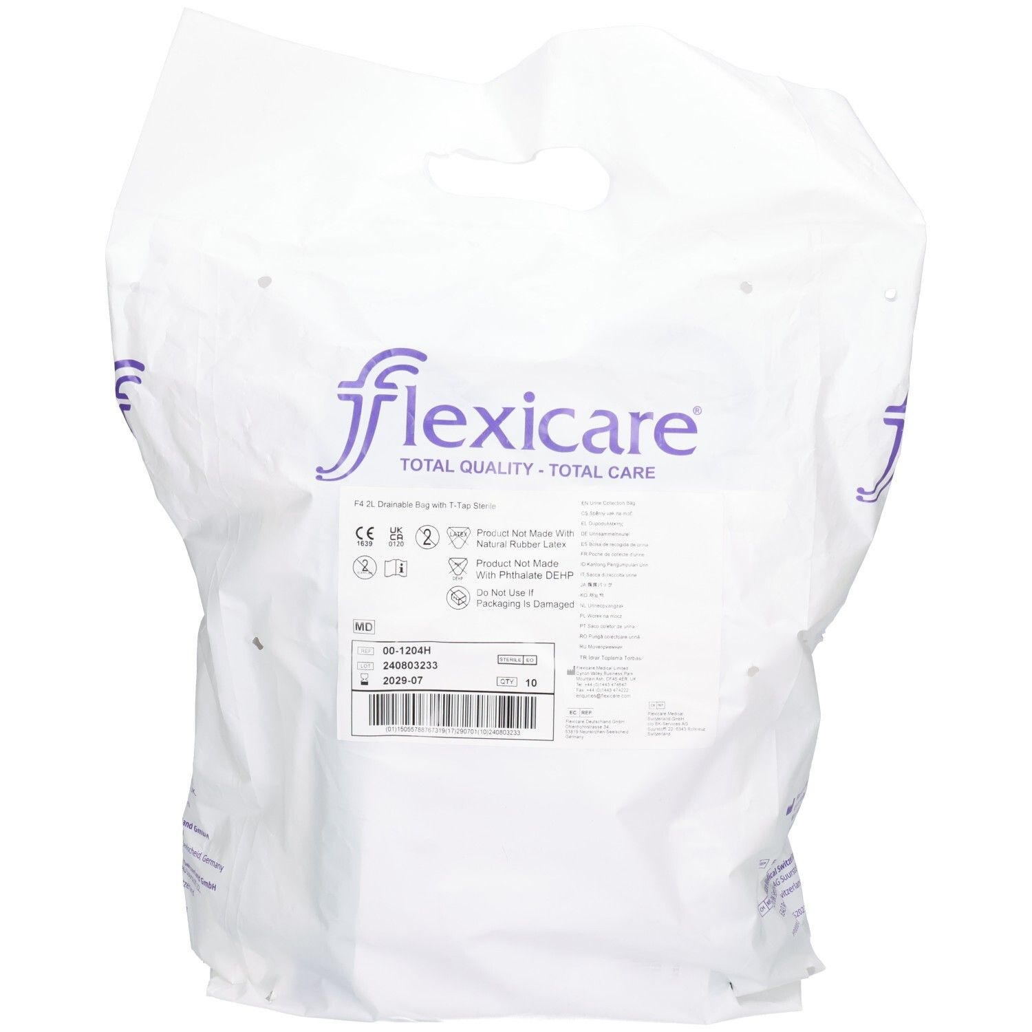Flexicare Beutel mit Ablauf und Rücklaufventil. CE-Kennzeichnung und weitere Symbole sichtbar.