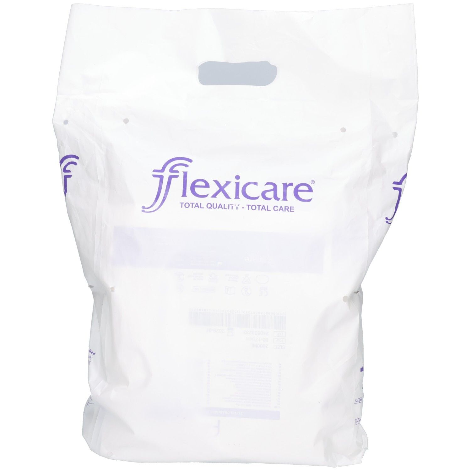 Flexicare Beutel mit Ablauf und Rücklaufventil. Logo und Produktinformationen aufgedruckt.