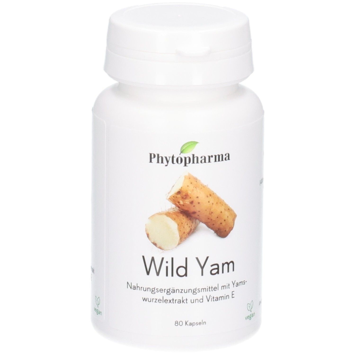 Weiße Kapsel mit Phytopharma Wild Yam Aufdruck und Yamswurzel-Abbildung.