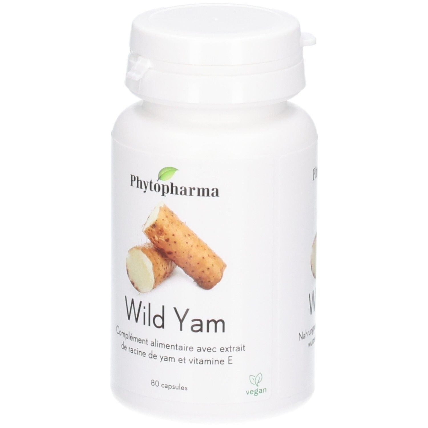 Weiße Kapsel mit Phytopharma Wild Yam Aufdruck und Yamswurzel-Abbildung.