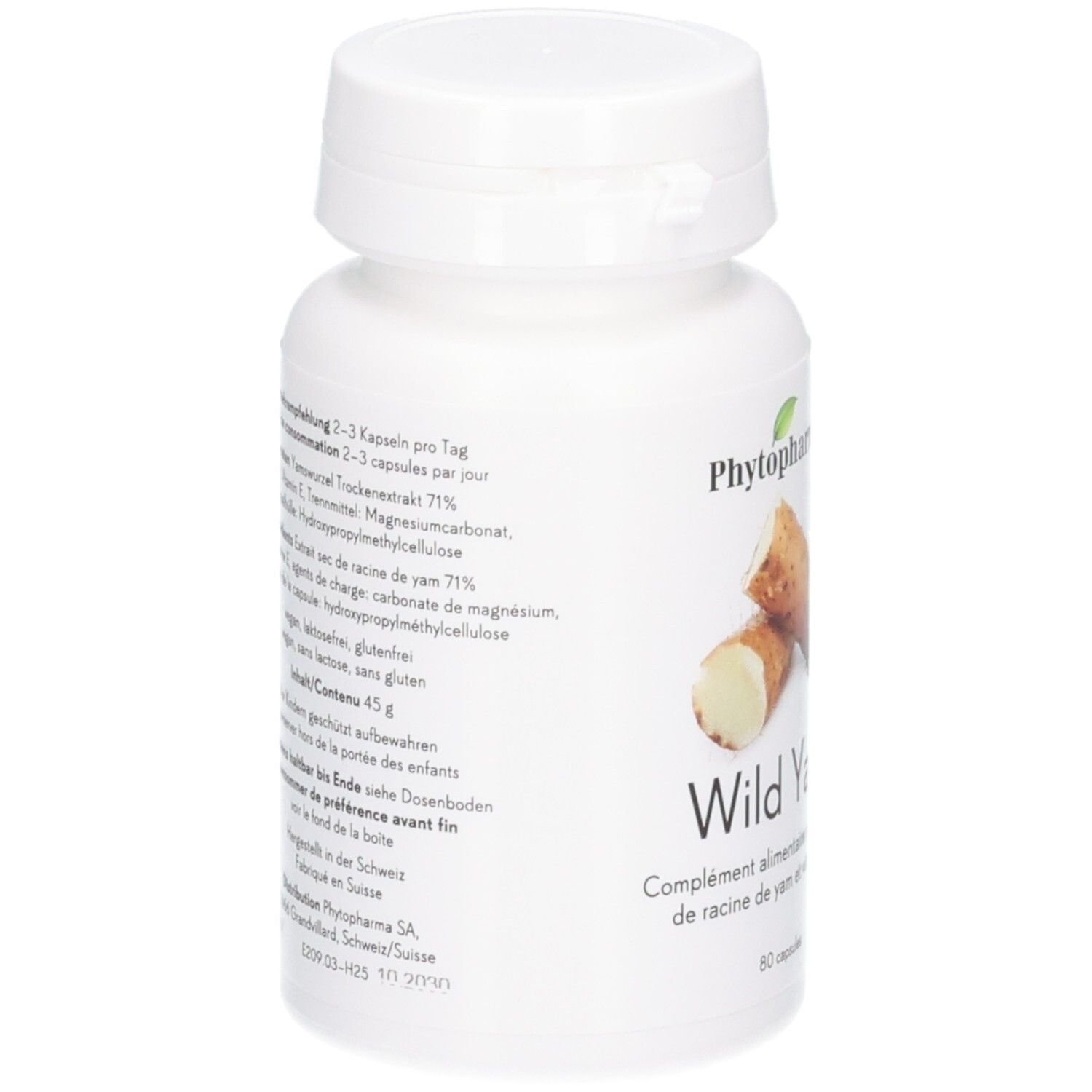 Rückseite einer Phytopharma Wild Yam Kapselpackung mit Zutatenliste und Dosierung.