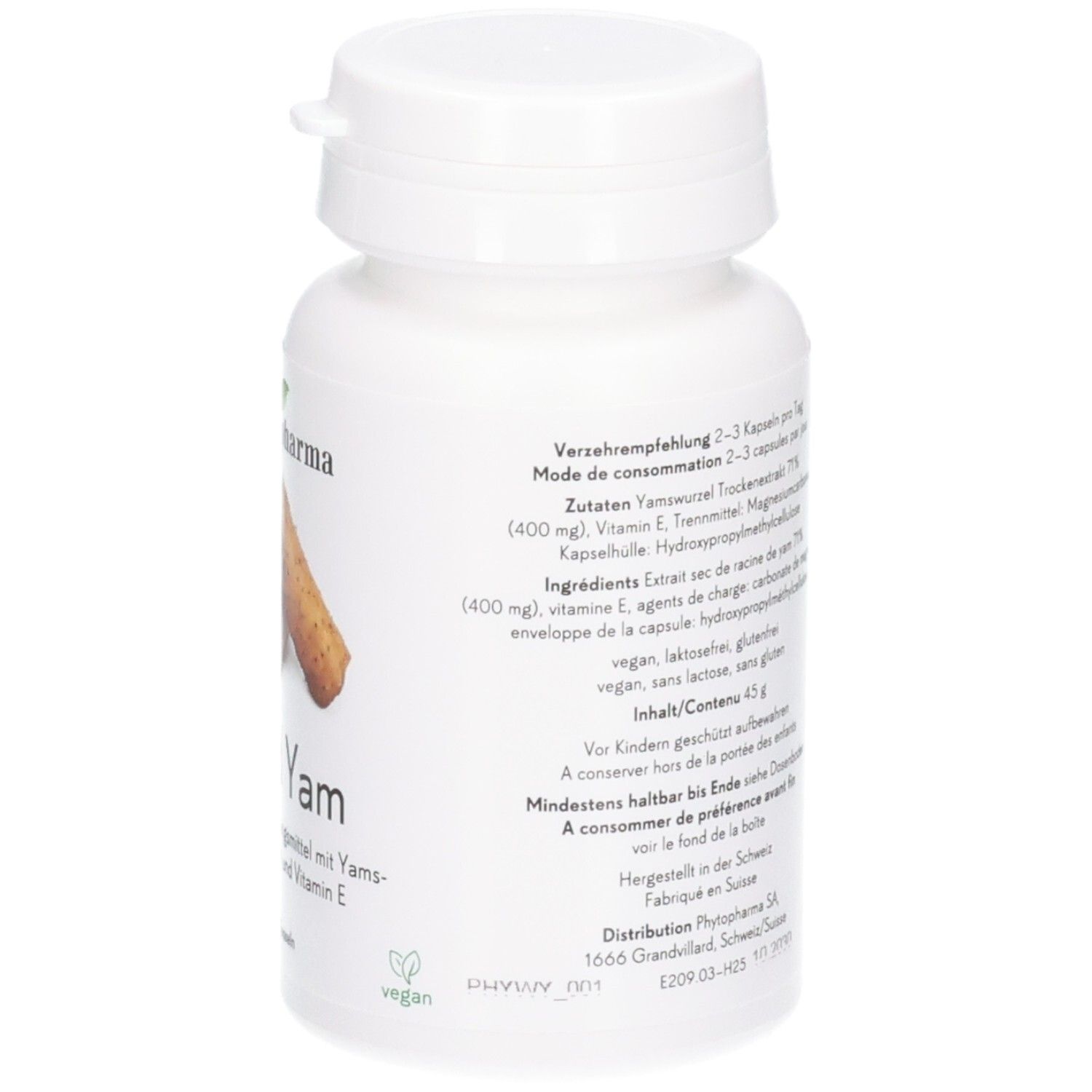 Rückseite einer Phytopharma Wild Yam Kapselpackung mit Zutatenliste und Dosierung.