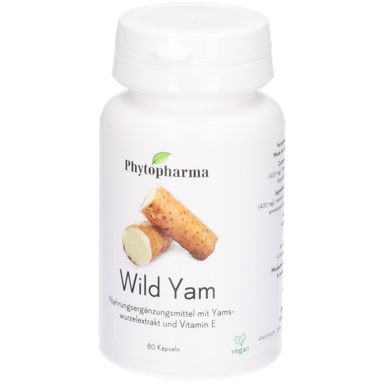 Weiße Kapsel mit Phytopharma Wild Yam Aufdruck und Yamswurzel-Abbildung.