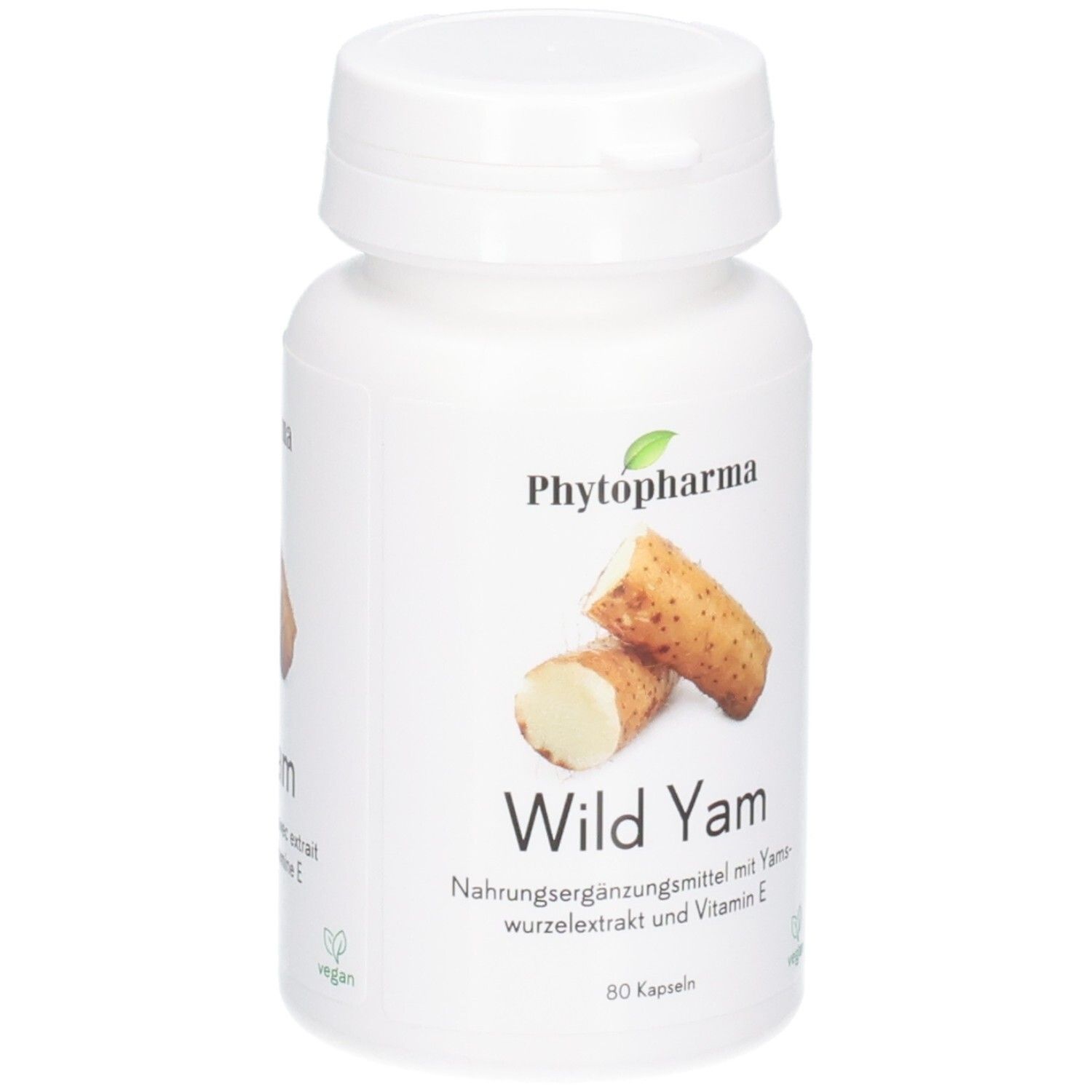 Weiße Kapsel mit Phytopharma Wild Yam Aufdruck und Yamswurzel-Abbildung.